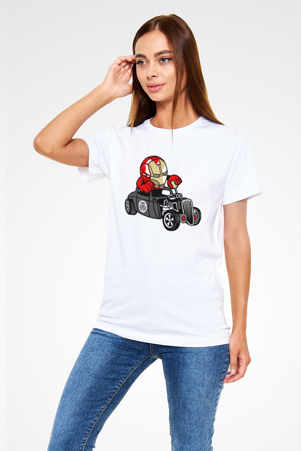 Iron Man Hotrod Baskılı Unisex Beyaz Tişört