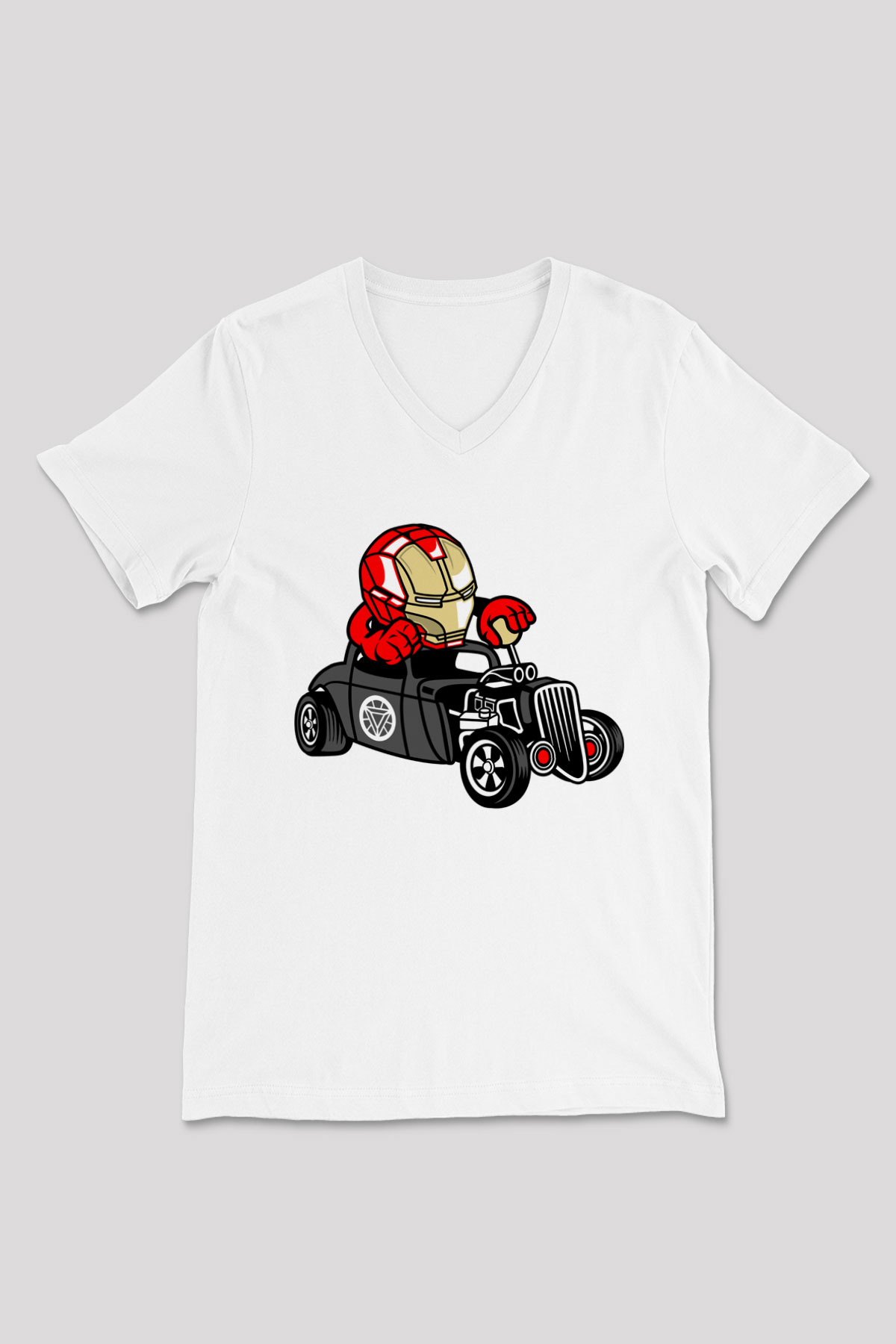 Iron Man Hotrod Baskılı Unisex Beyaz V Yaka Tişört
