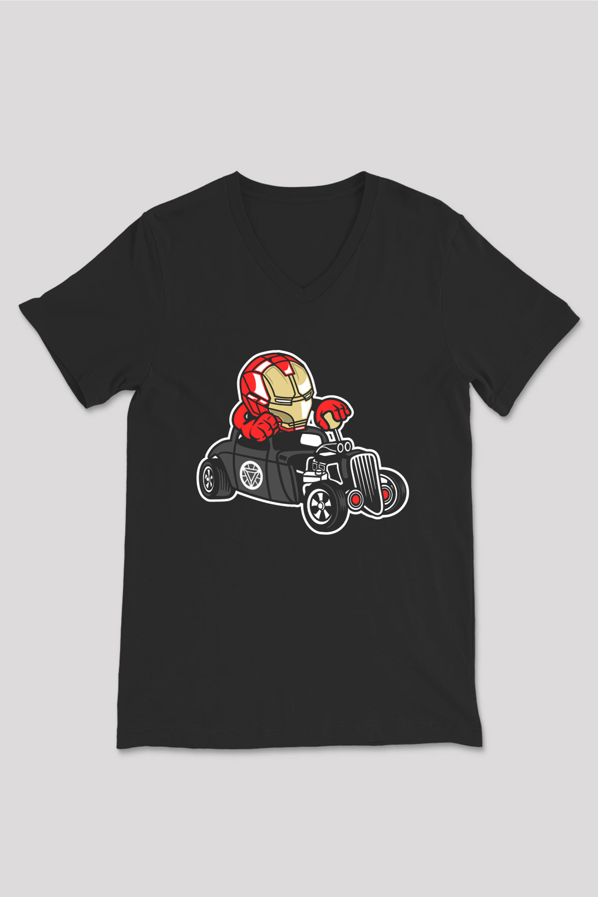 Iron Man Hotrod Baskılı Unisex Siyah V Yaka Tişört