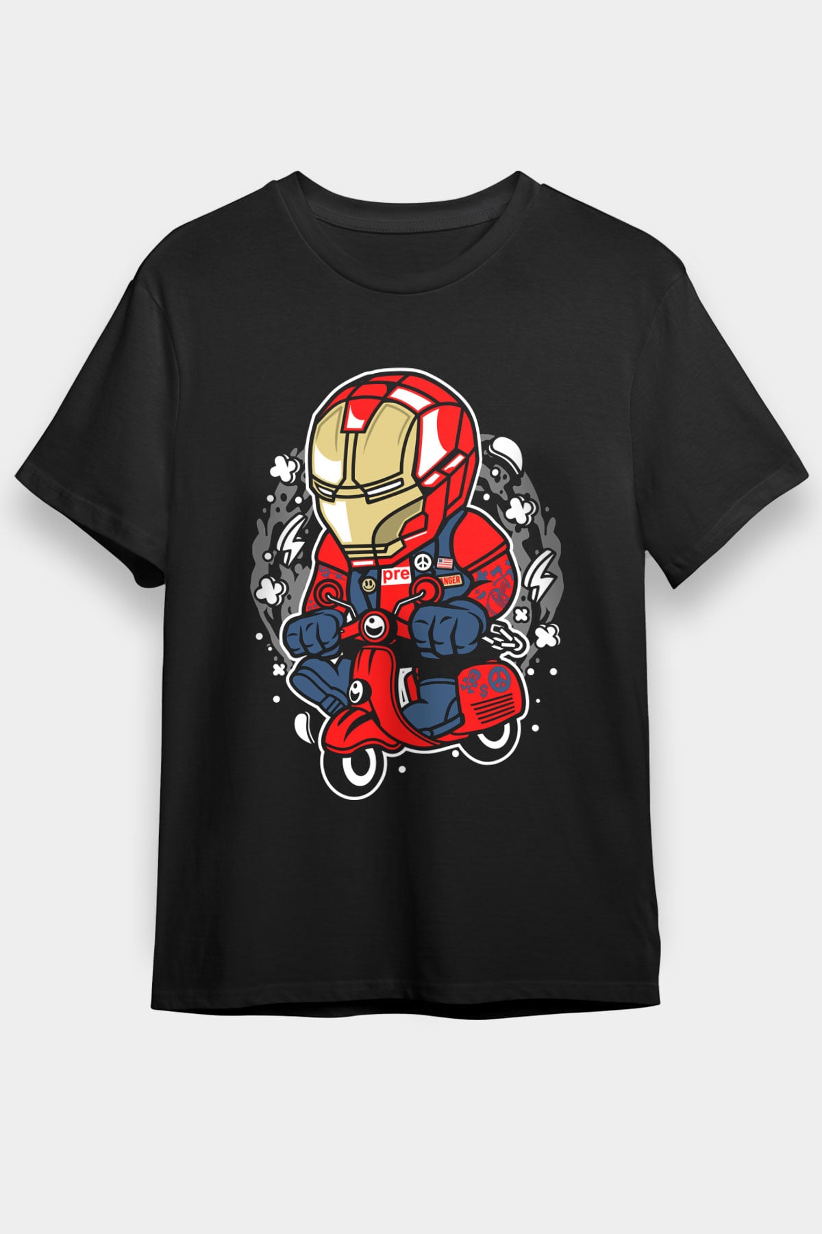 Iron Man Scooter Baskılı Unisex Siyah Tişört