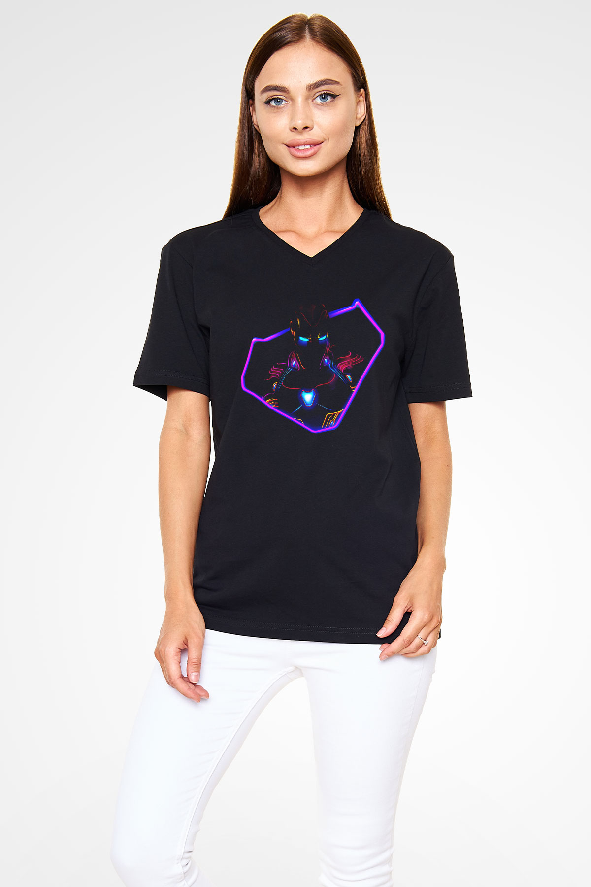 Iron Man Siyah Unisex V Yaka Tişört T-Shirt