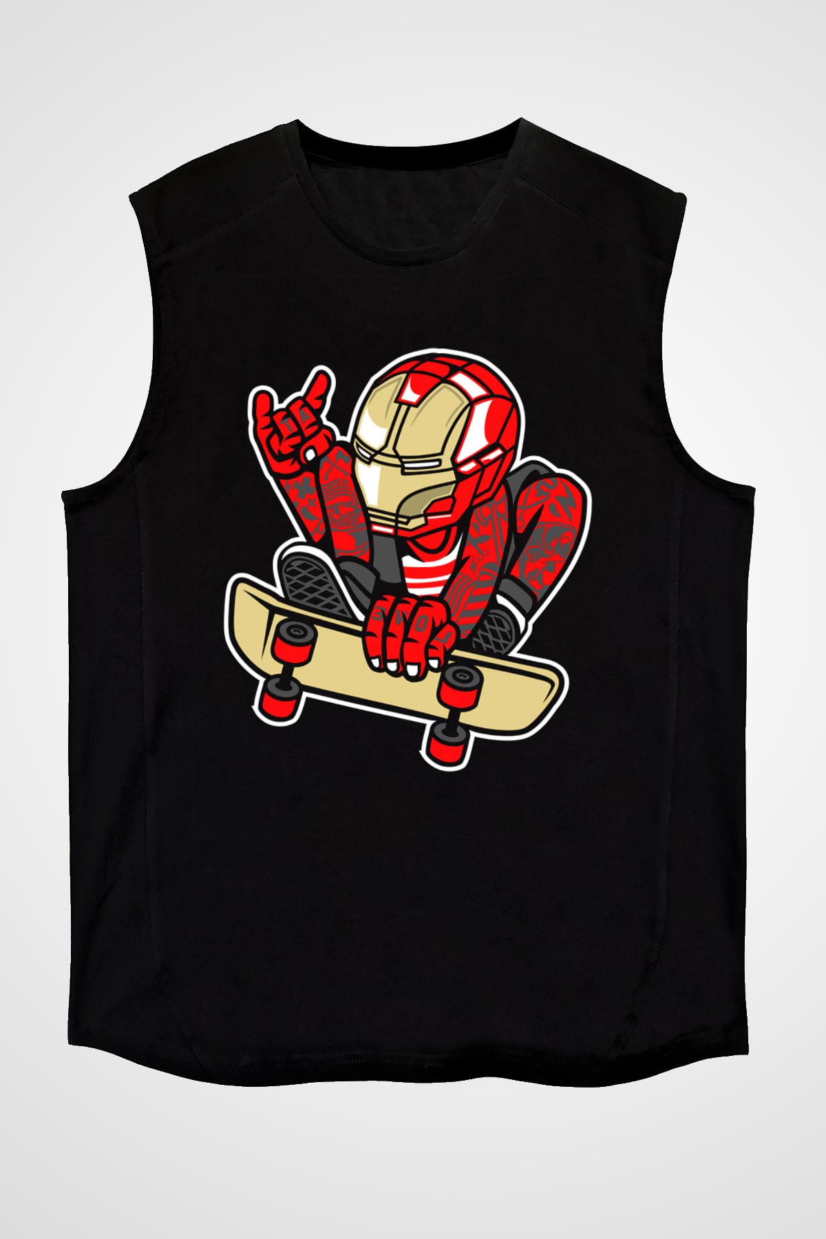 Iron Man Skateboard Baskılı Unisex Siyah Kolsuz Tişört