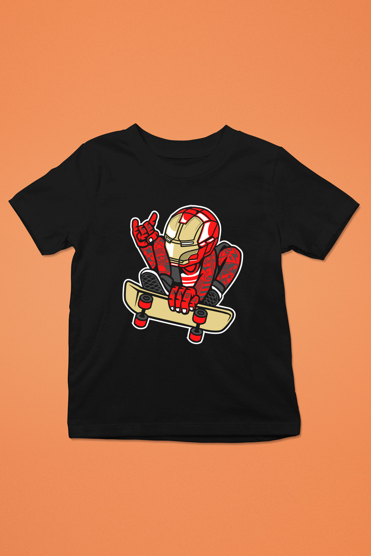 Iron Man Skateboard Baskılı Unisex Siyah Çocuk Tişört