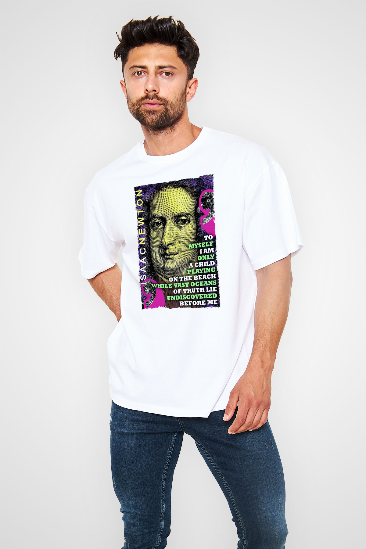 Isaac Newton Alıntı Baskılı Unisex Oversize Beyaz Tişört - Tshirt