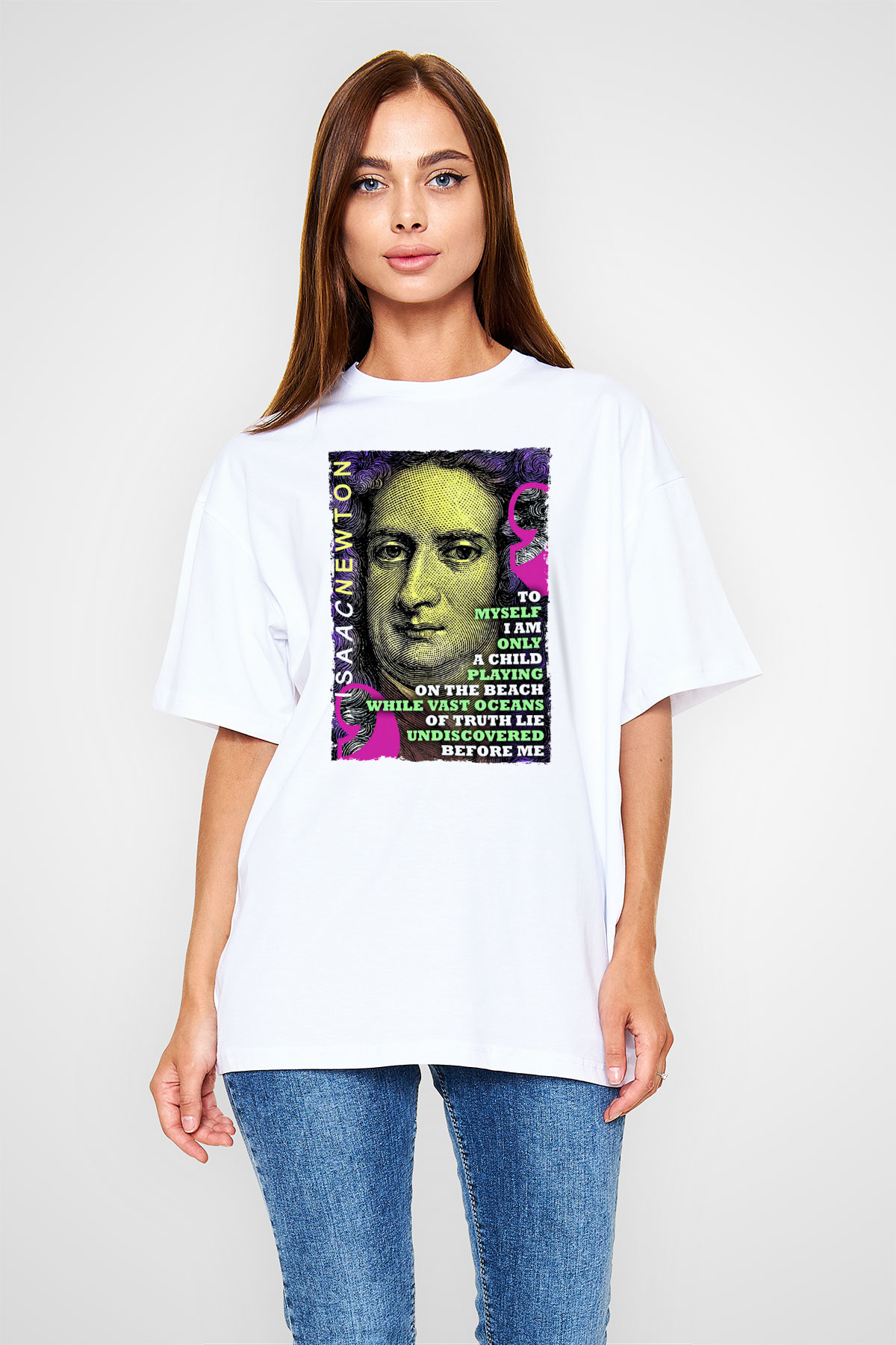 Isaac Newton Alıntı Baskılı Unisex Oversize Beyaz Tişört - Tshirt