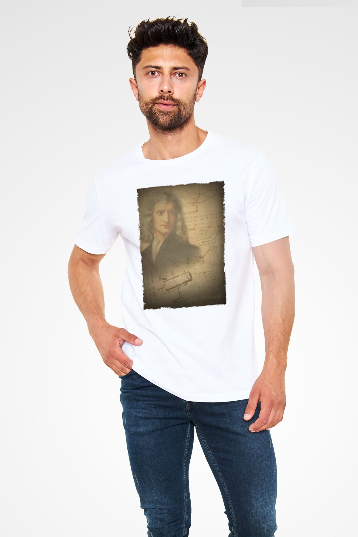 Isaac Newton Baskılı Unisex Beyaz Tişört - Tshirt
