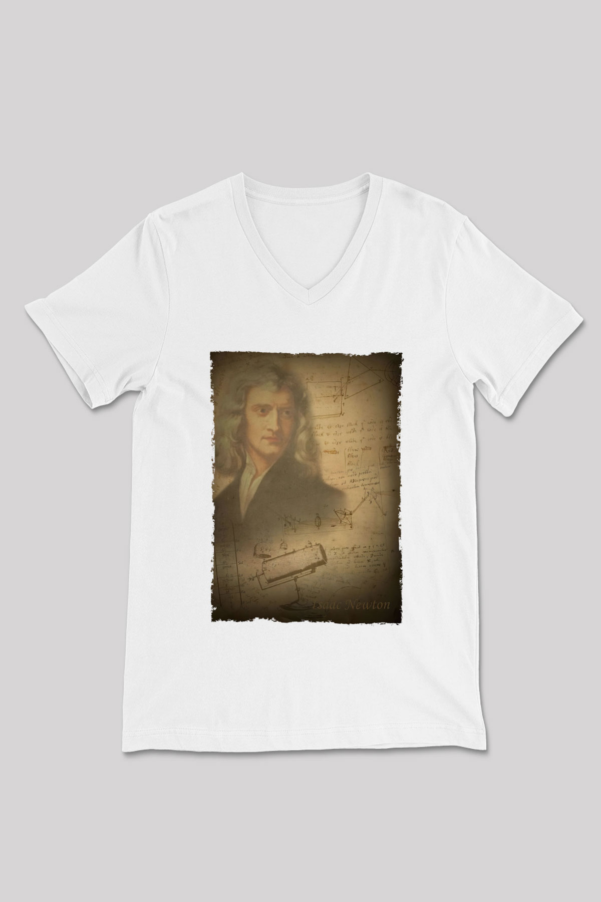 Isaac Newton Baskılı Unisex V Yaka Beyaz Tişört - Tshirt