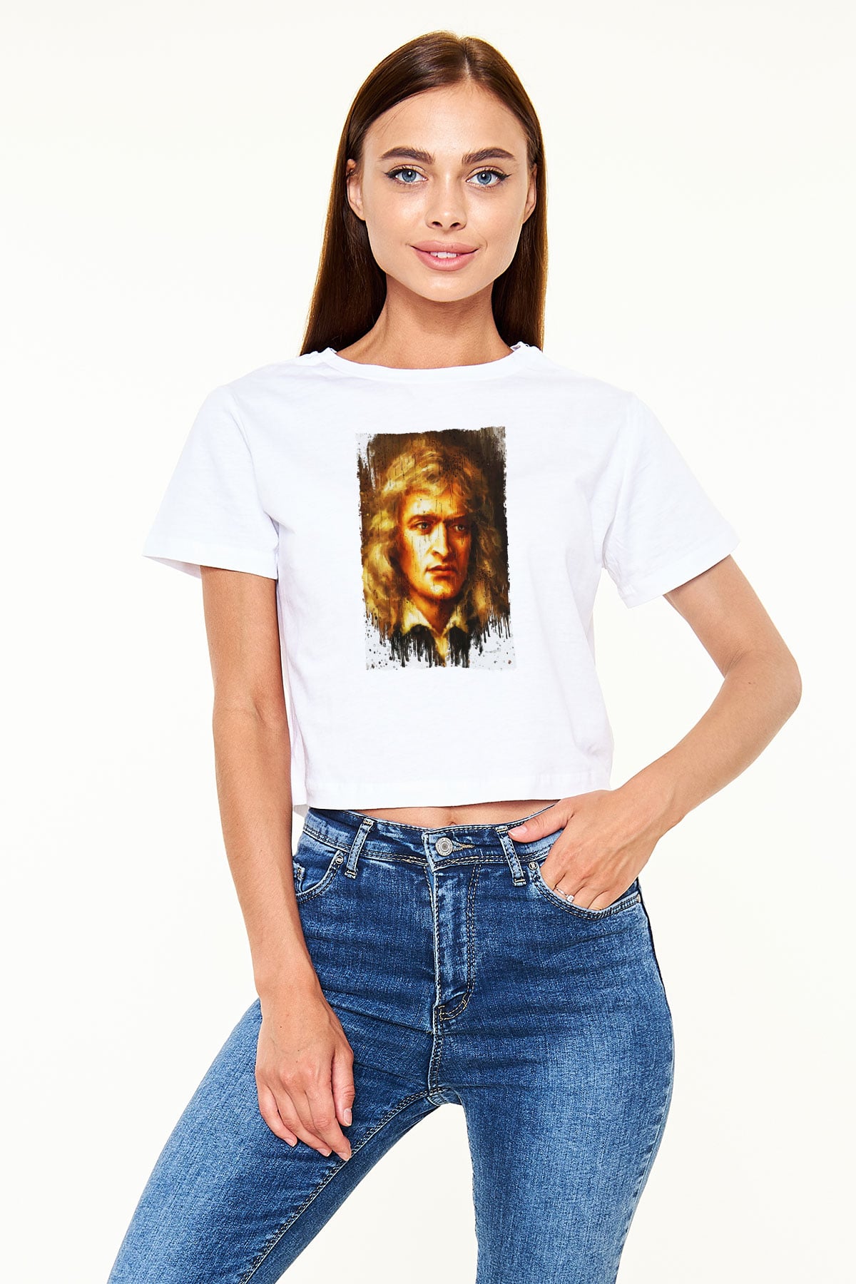 Isaac Newton Portre Baskılı Kadın Crop Top Beyaz Tişört