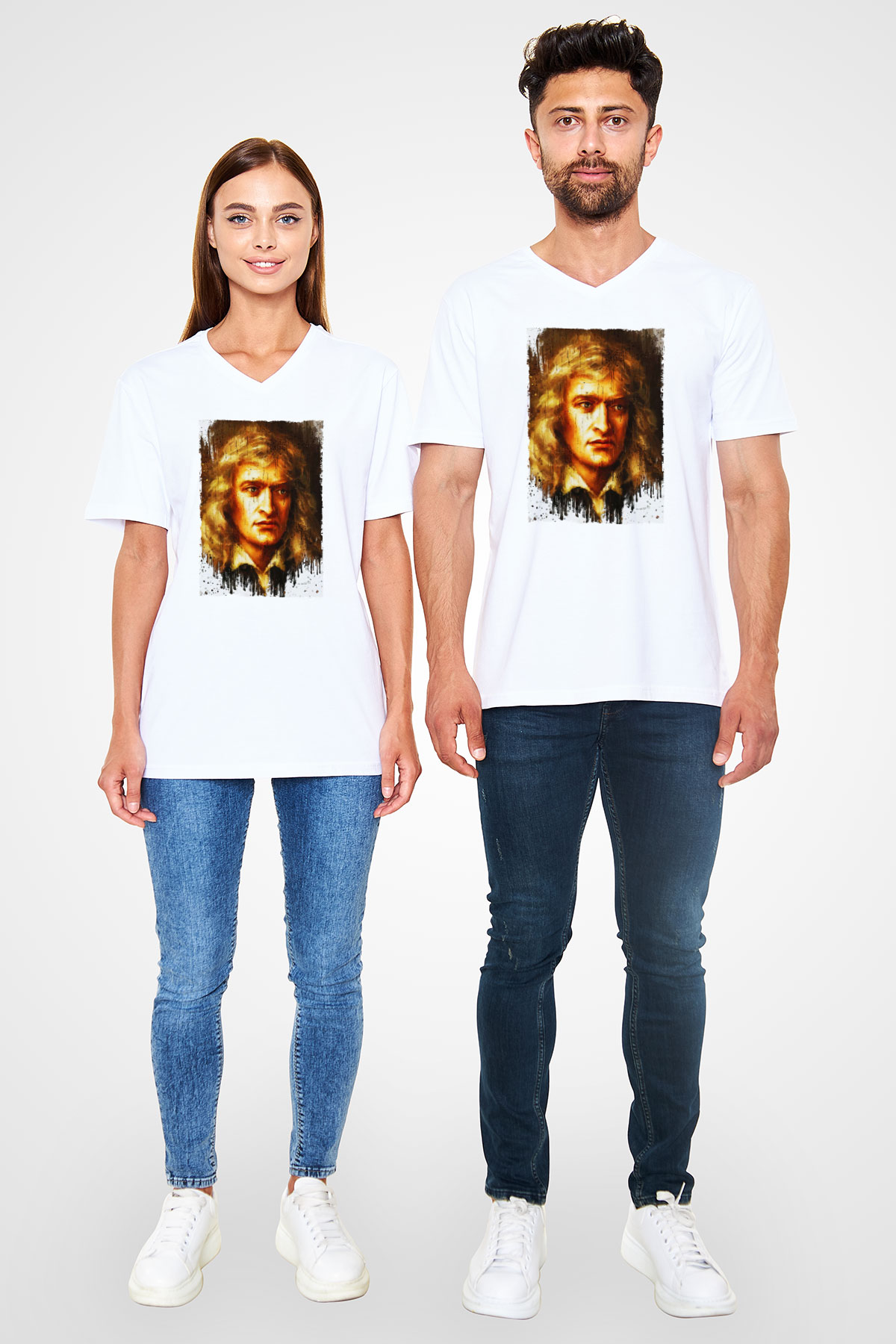 Isaac Newton Portre Baskılı Unisex V Yaka Beyaz Tişört - Tshirt