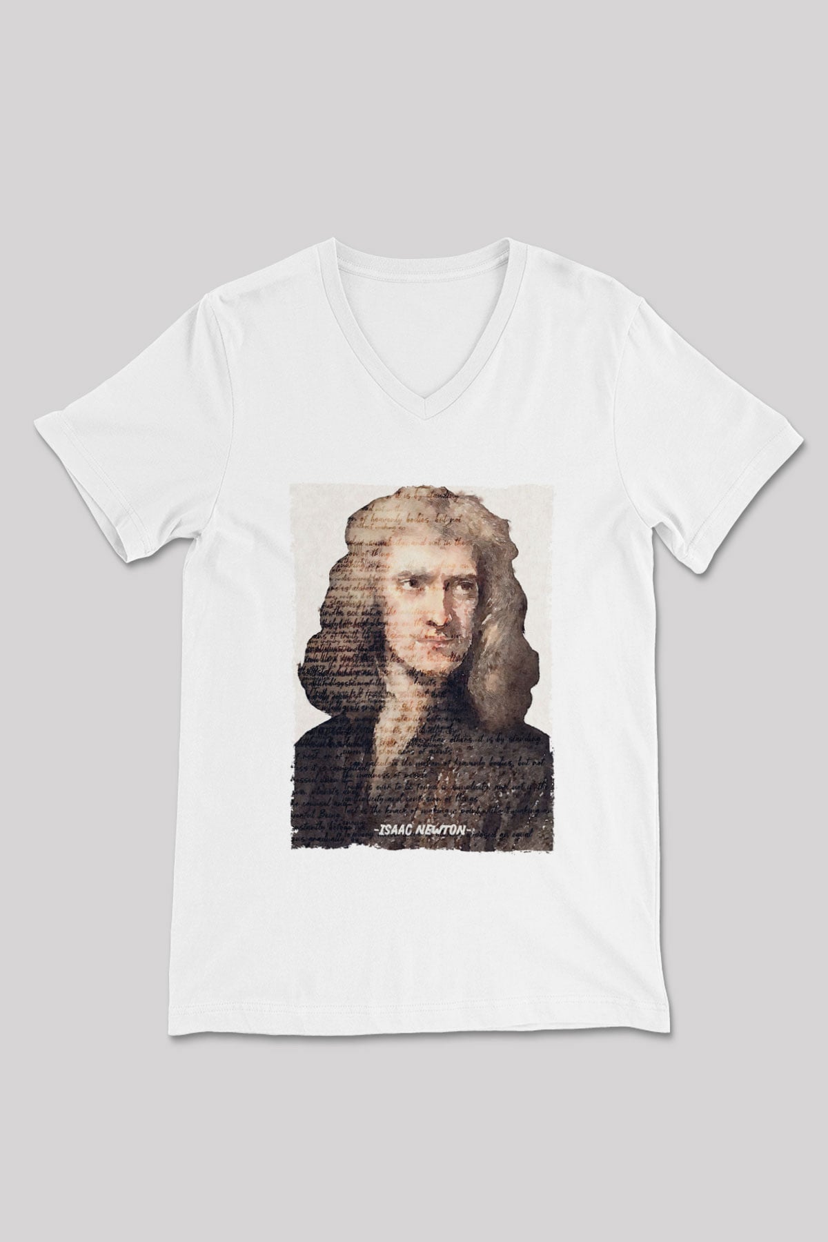 Isaac Newton Yazılı Portre Baskılı Unisex V Yaka Beyaz Tişört - Tshirt