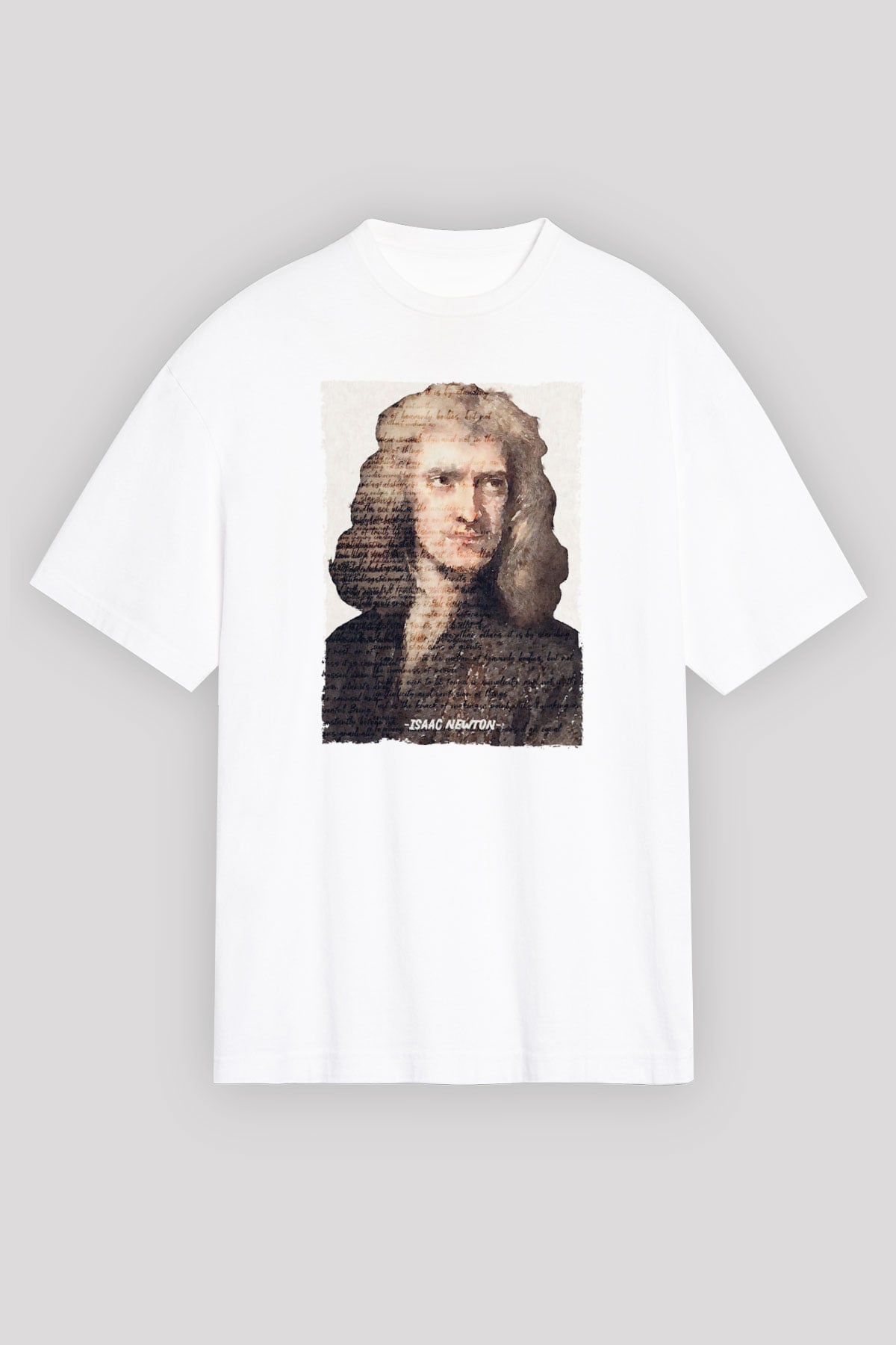 Isaac Newton Yazılı Portre Baskılı Unisex Oversize Beyaz Tişört - Tshirt
