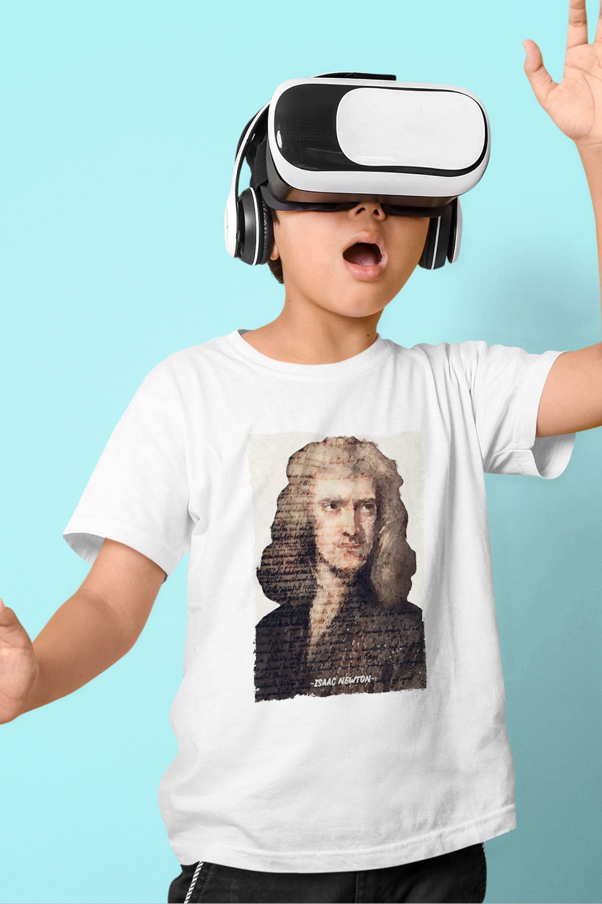 Isaac Newton Yazılı Portre Baskılı Unisex Beyaz Çocuk Tişörtü - Tshirt