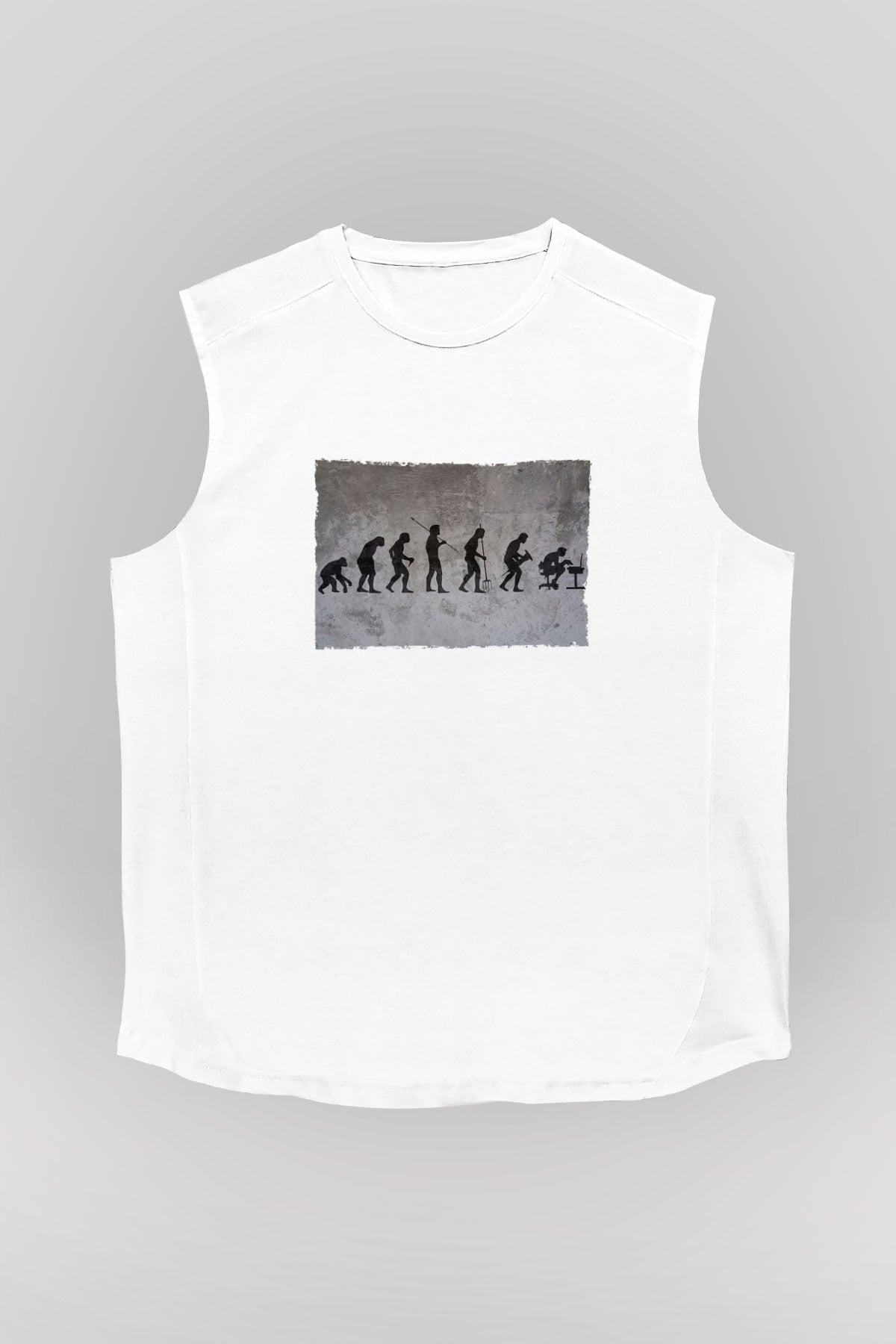 İşe Evrim Baskılı Unisex Kolsuz Beyaz Tişört - Tshirt