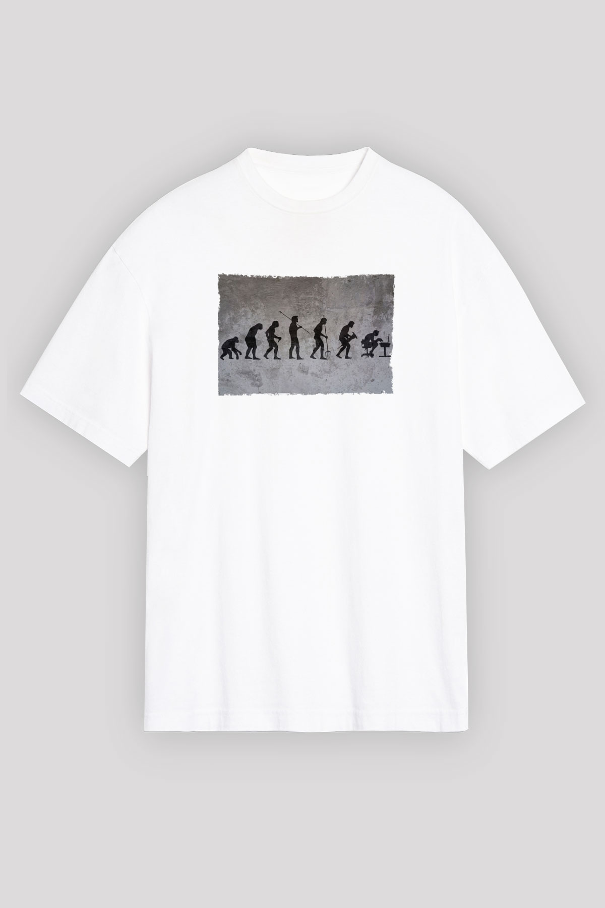 İşe Evrim Baskılı Unisex Oversize Beyaz Tişört - Tshirt