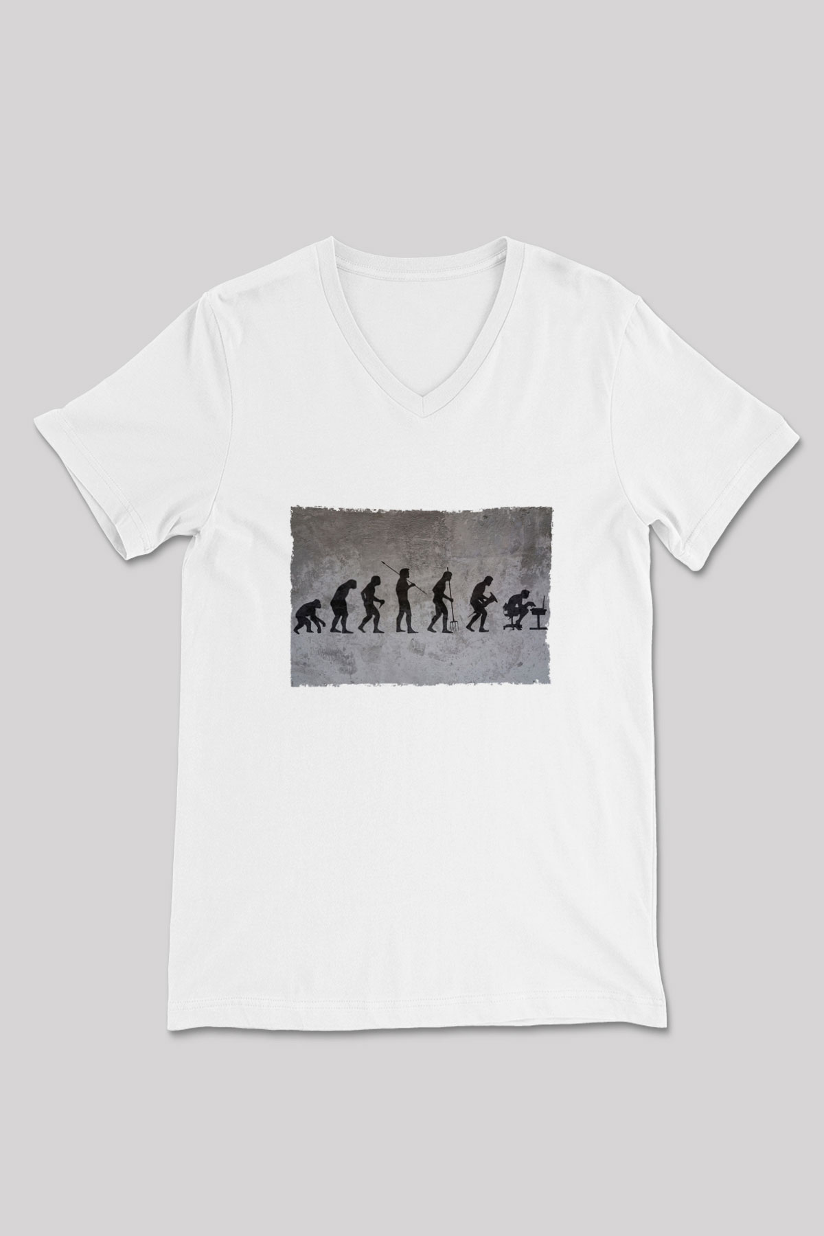 İşe Evrim Baskılı Unisex V Yaka Beyaz Tişört - Tshirt