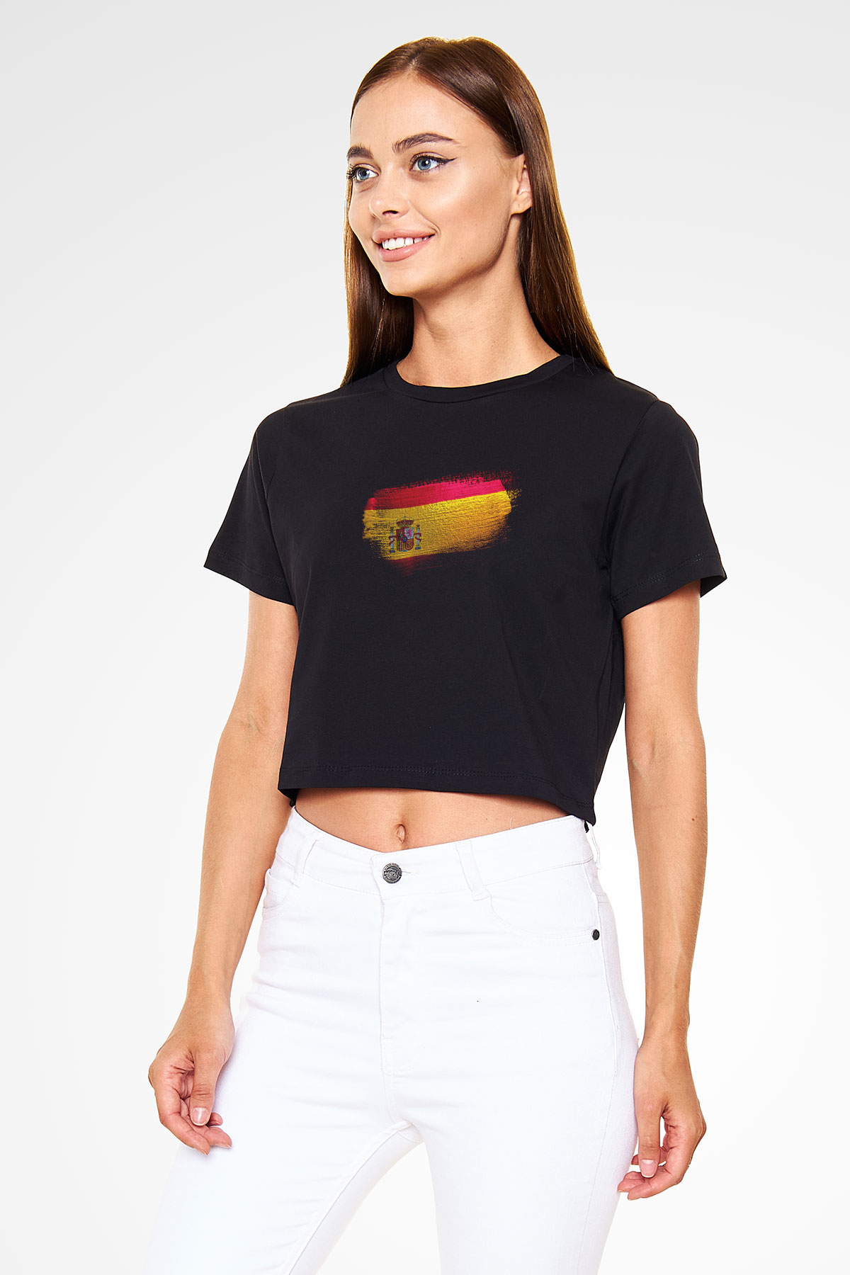 İspanya - Spain Bayrağı Baskılı Kadın Crop Top Siyah Tişört
