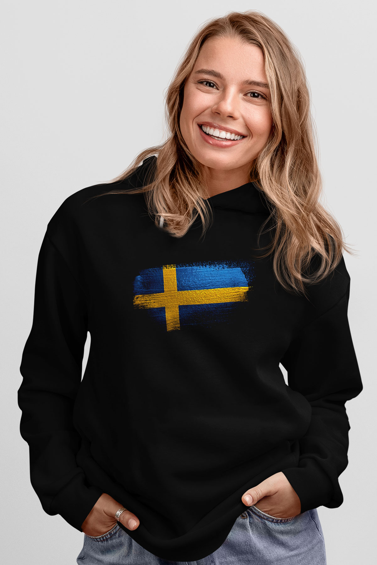 İsveç - Sweden Bayrağı Baskılı Unisex Siyah Hoodie