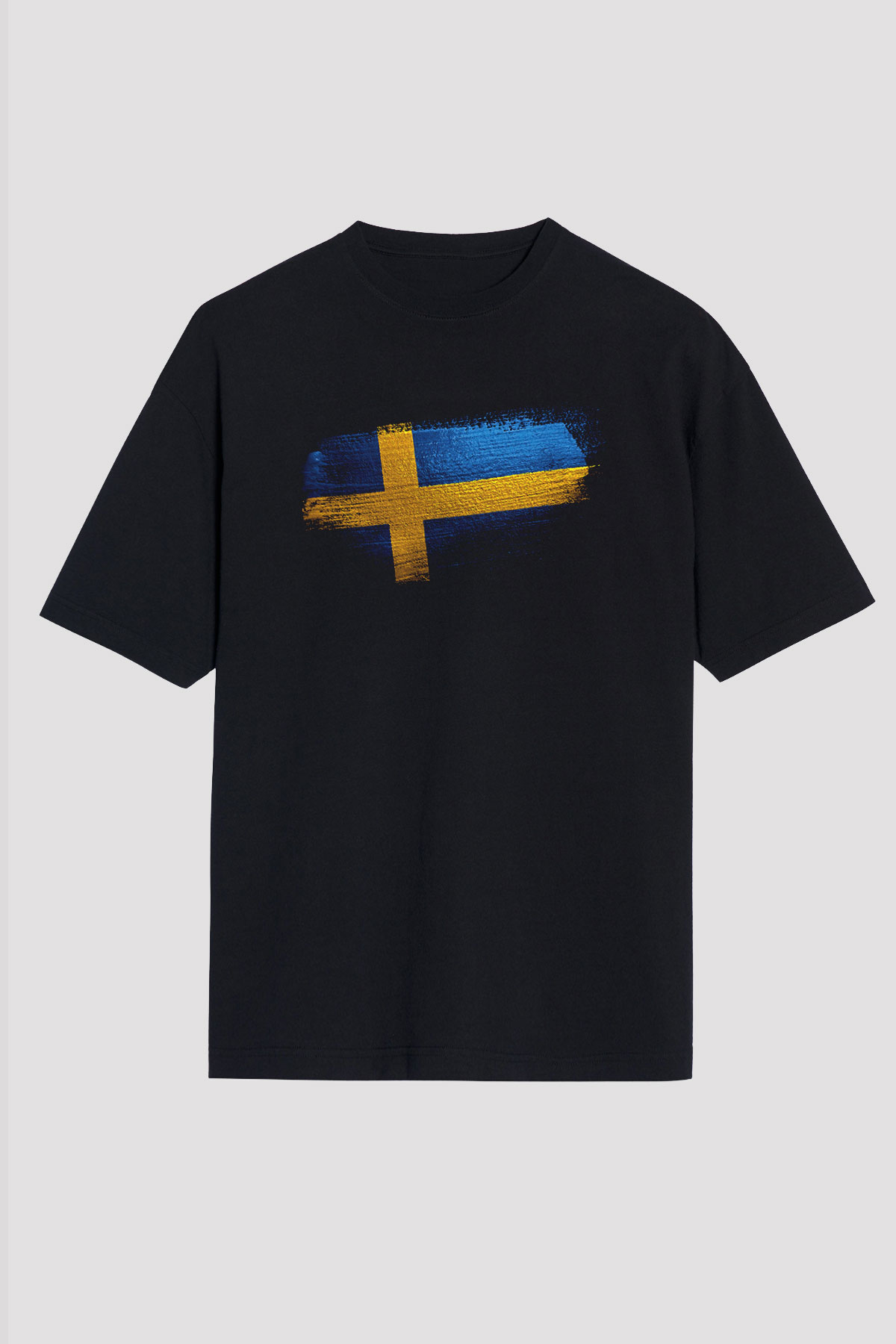 İsveç - Sweden Bayrağı Baskılı Unisex Siyah Oversize Tişört
