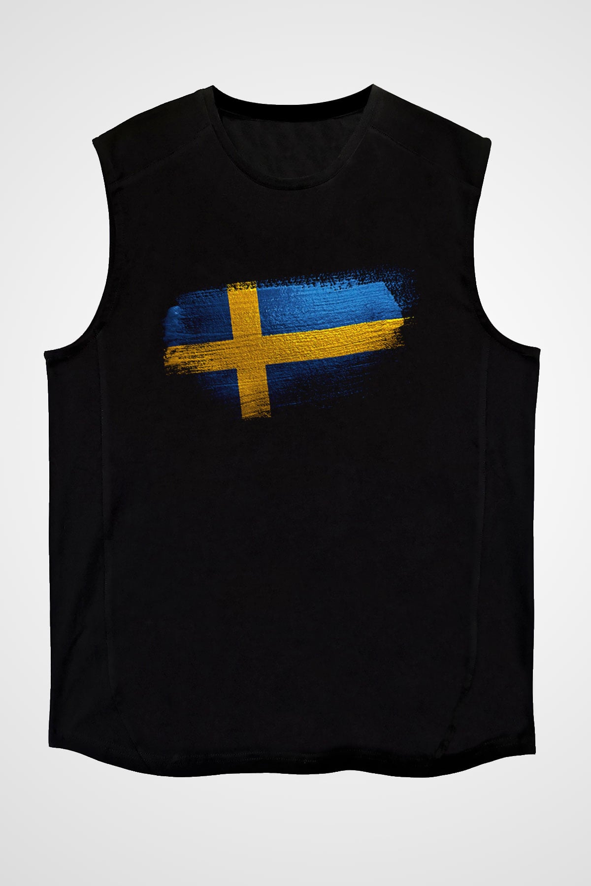İsveç - Sweden Bayrağı Baskılı Unisex Siyah Kolsuz Tişört