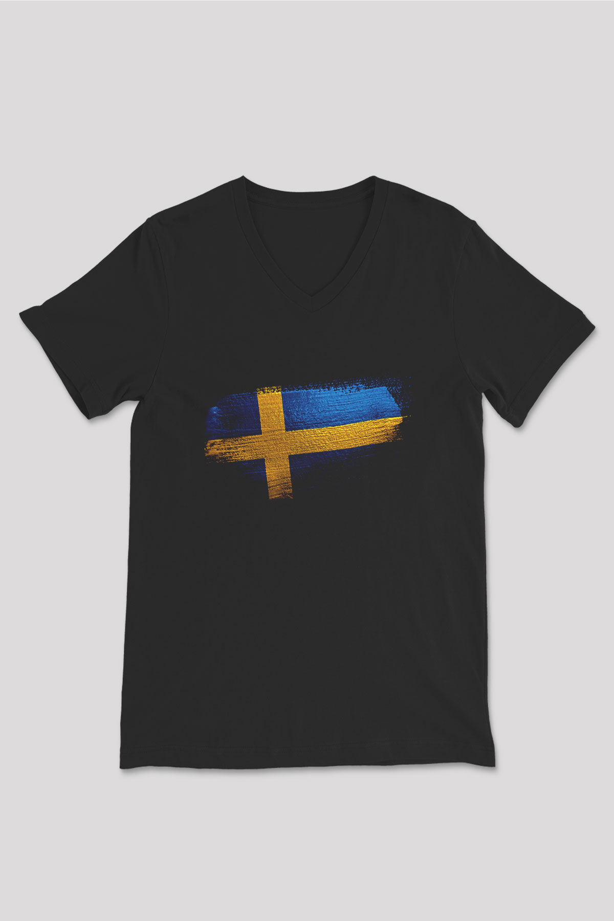 İsveç - Sweden Bayrağı Baskılı Unisex Siyah V Yaka Tişört