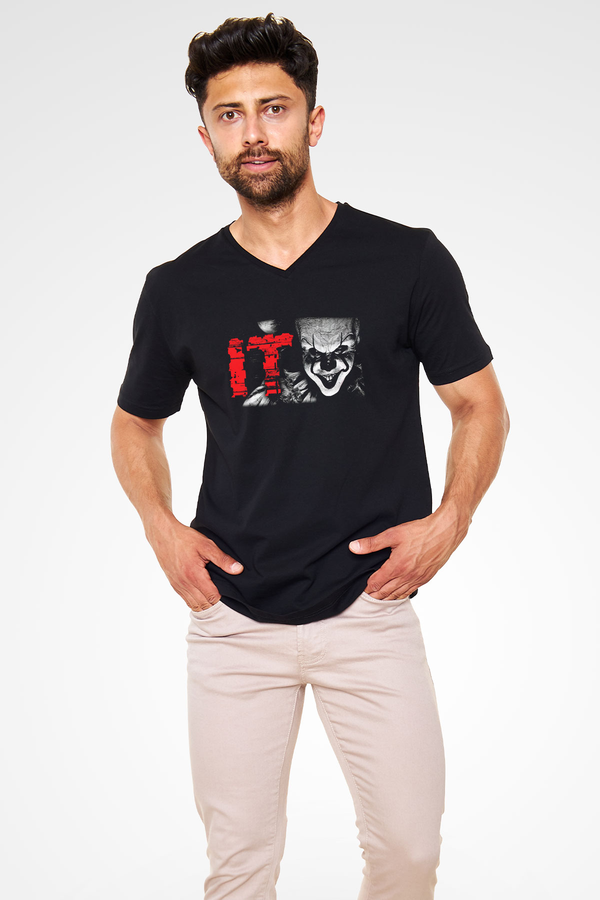 It Siyah Unisex V Yaka Tişört T-Shirt