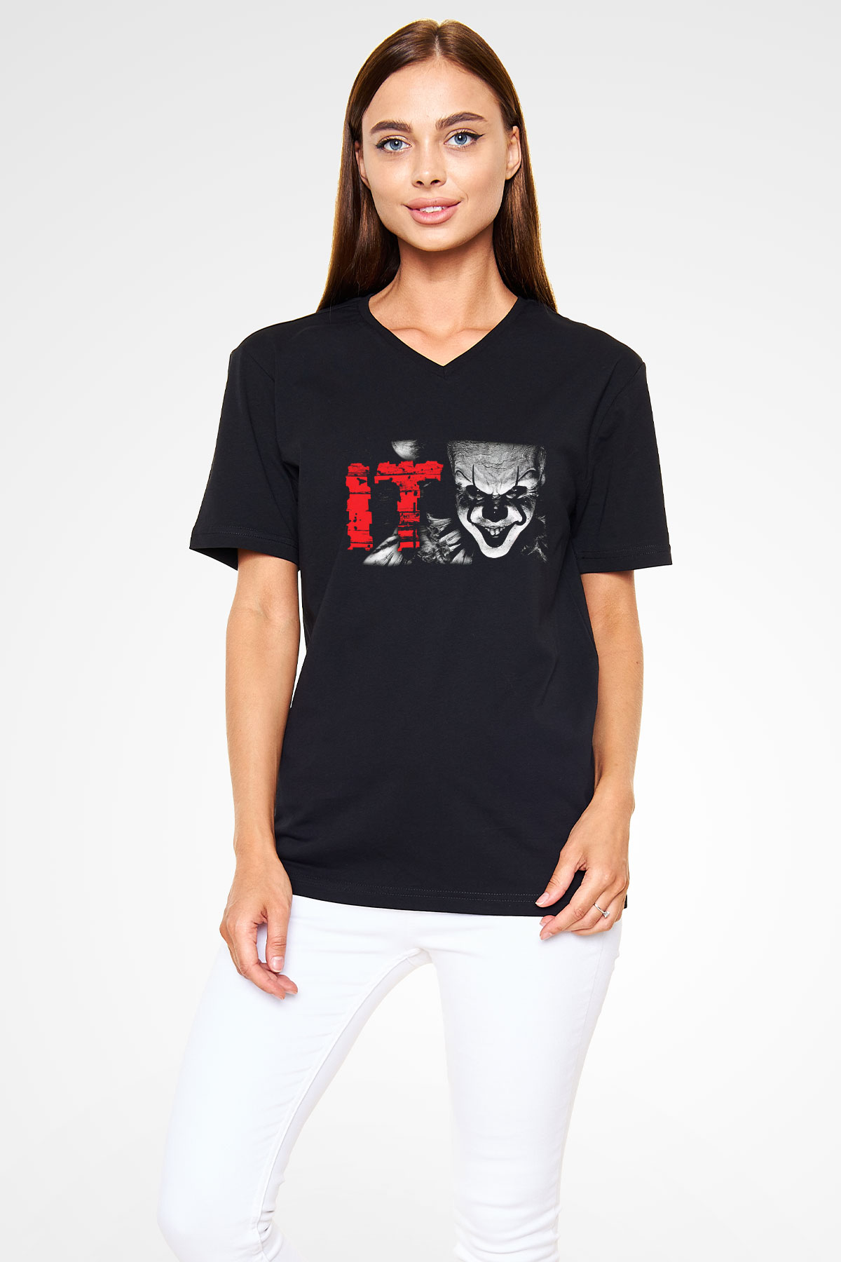 It Siyah Unisex V Yaka Tişört T-Shirt