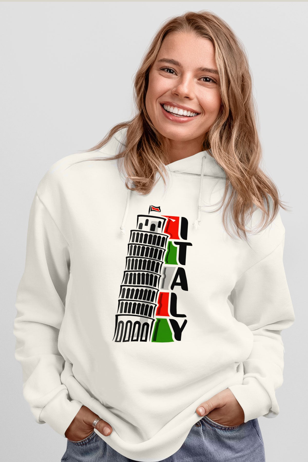 İtalya Beyaz Unisex Kapşonlu Sweatshirt