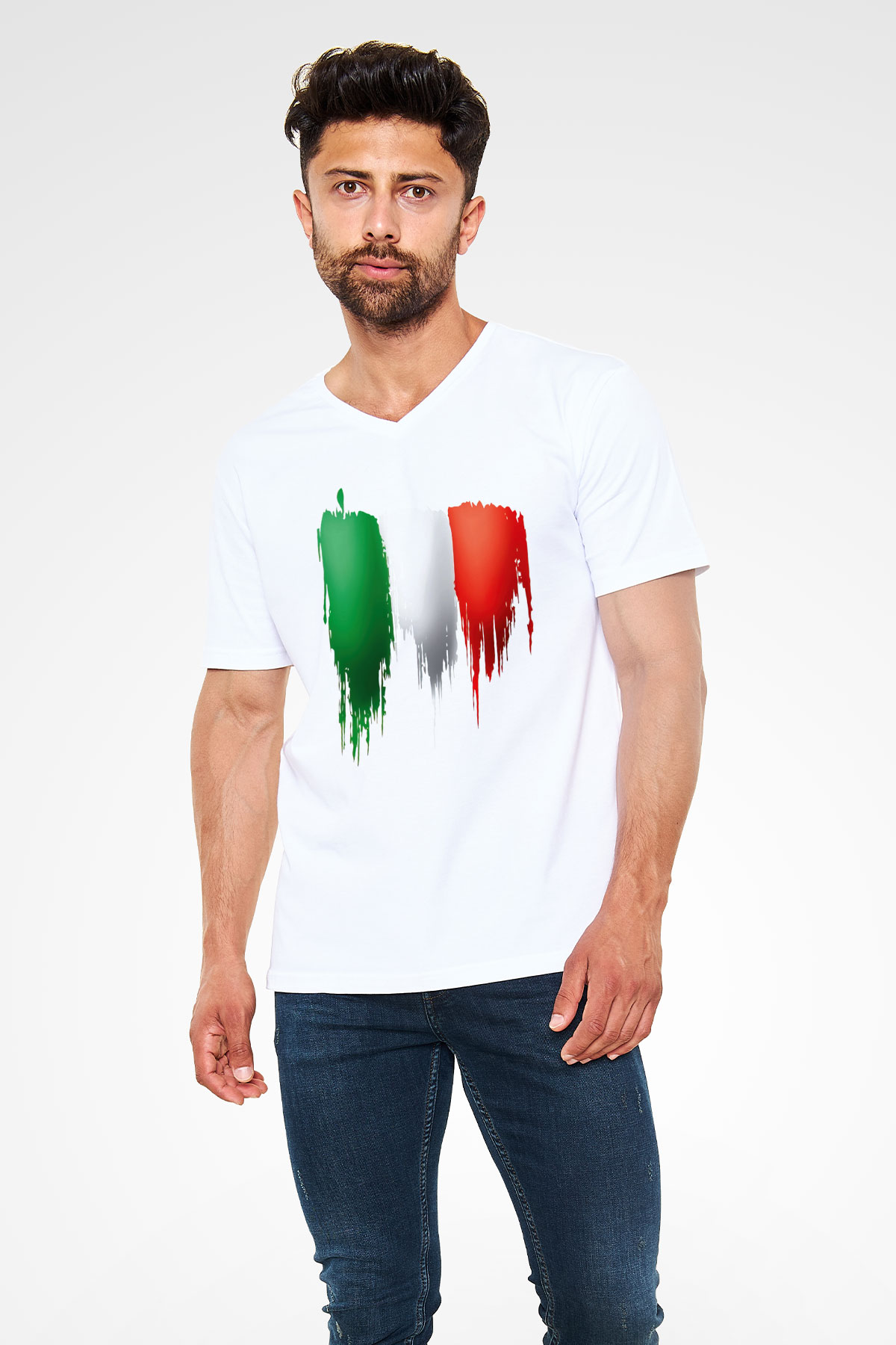 İtalya Beyaz Unisex V Yaka Tişört T-Shirt