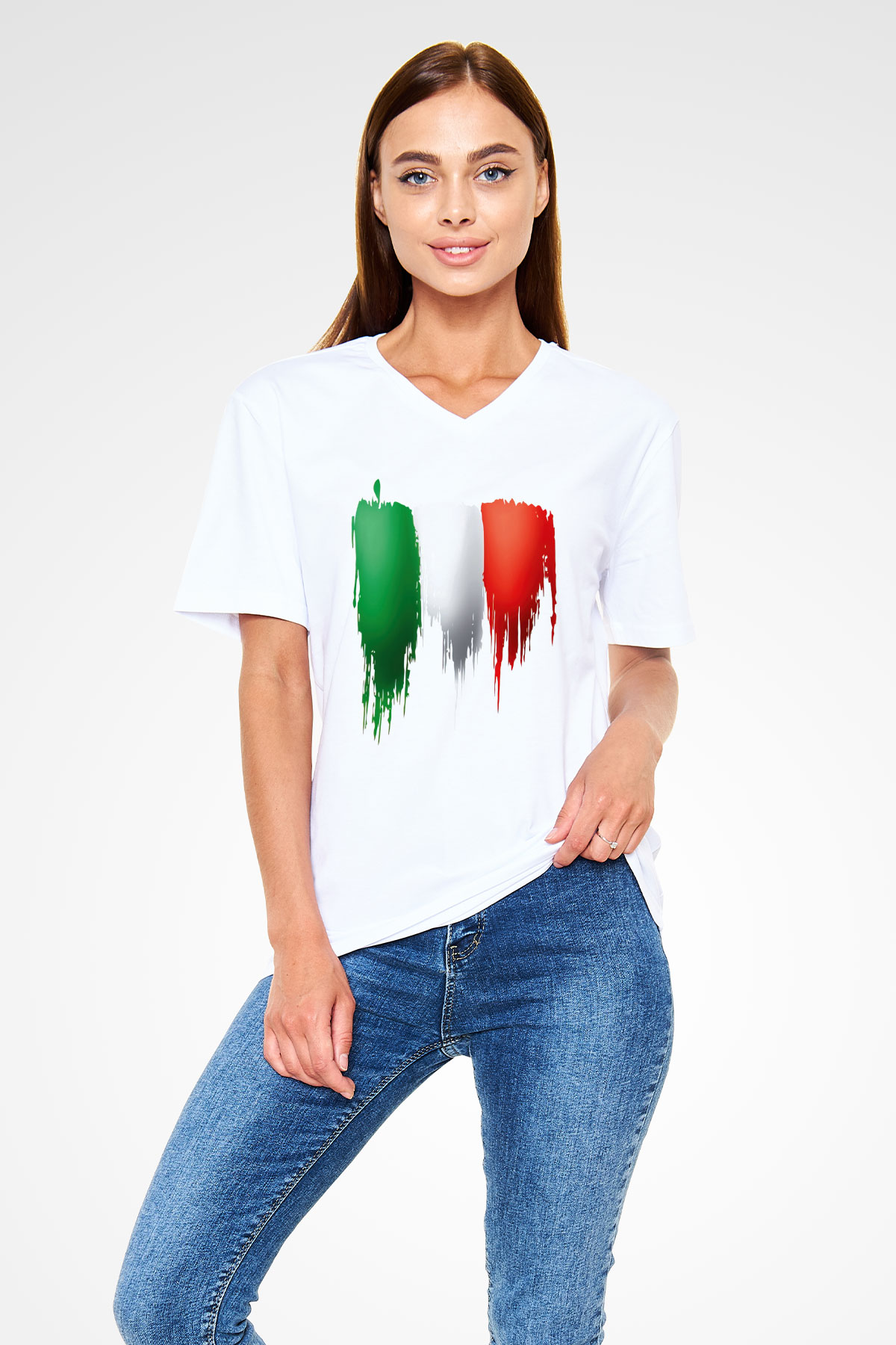 İtalya Beyaz Unisex V Yaka Tişört T-Shirt