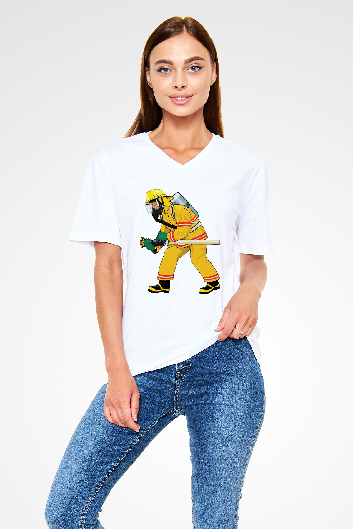 İtfaiyeci Beyaz Unisex V Yaka Tişört T-Shirt