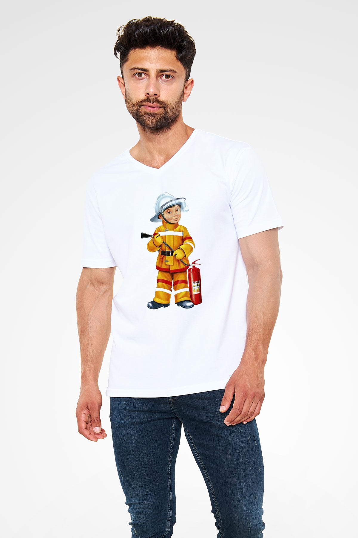 İtfaiyeci Beyaz Unisex V Yaka Tişört T-Shirt