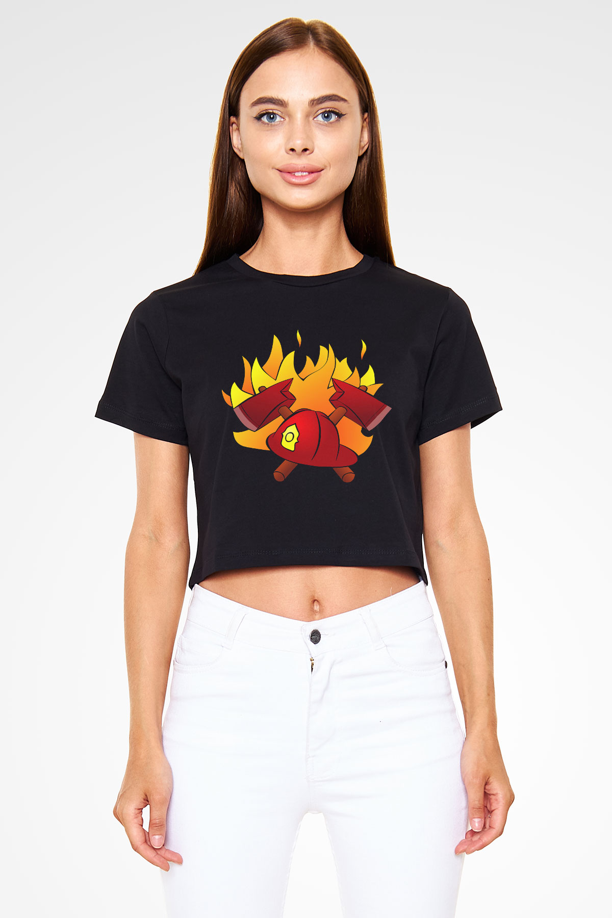İtfaiyeci Siyah Crop Top Tişört