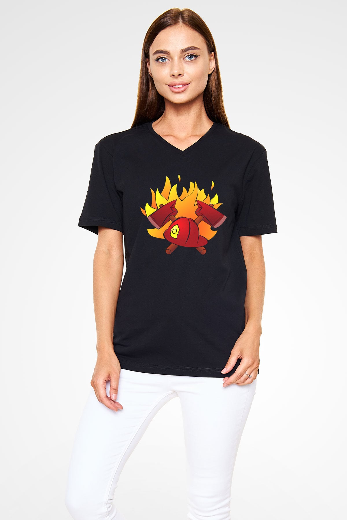 İtfaiyeci Siyah Unisex V Yaka Tişört T-Shirt