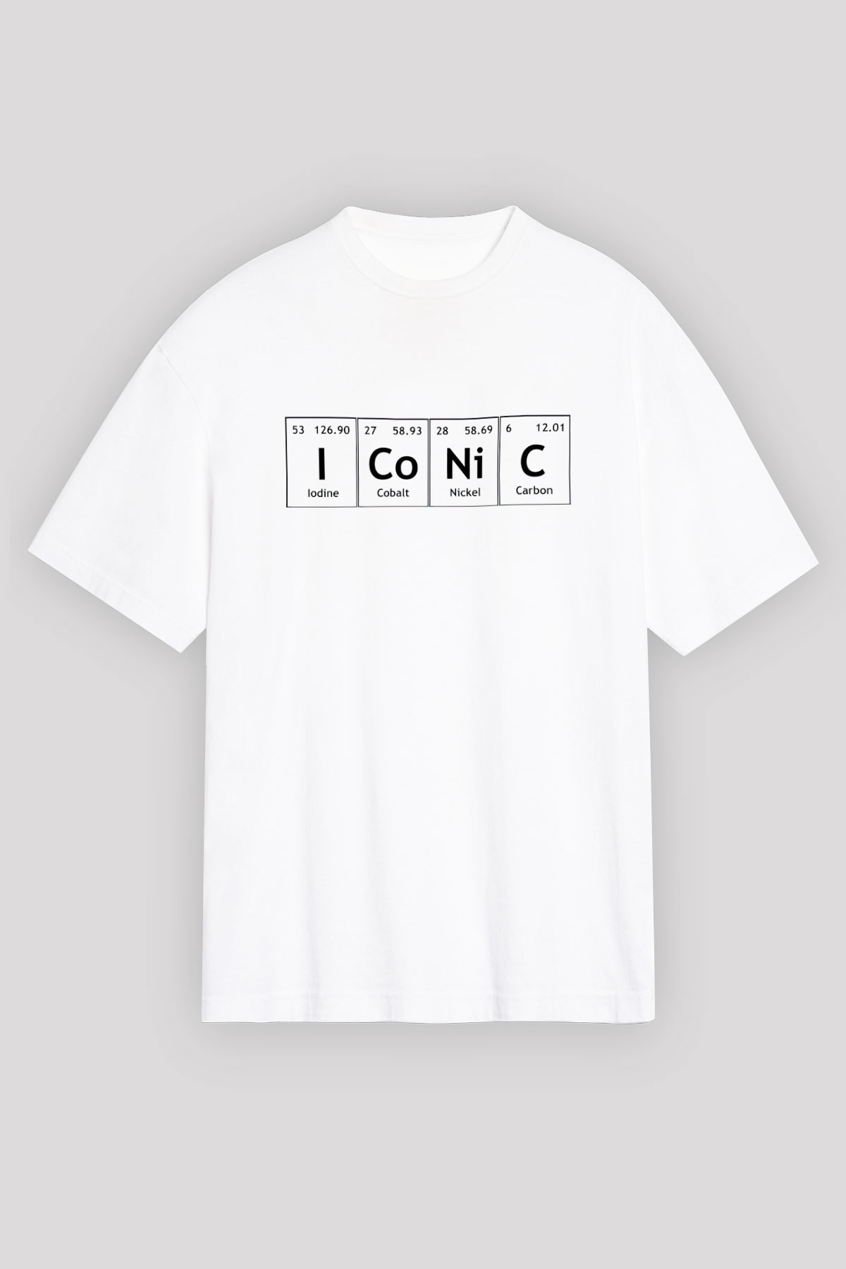İyot Kobalt Nikel Karbon İconic Baskılı Unisex Beyaz Oversize Tişört