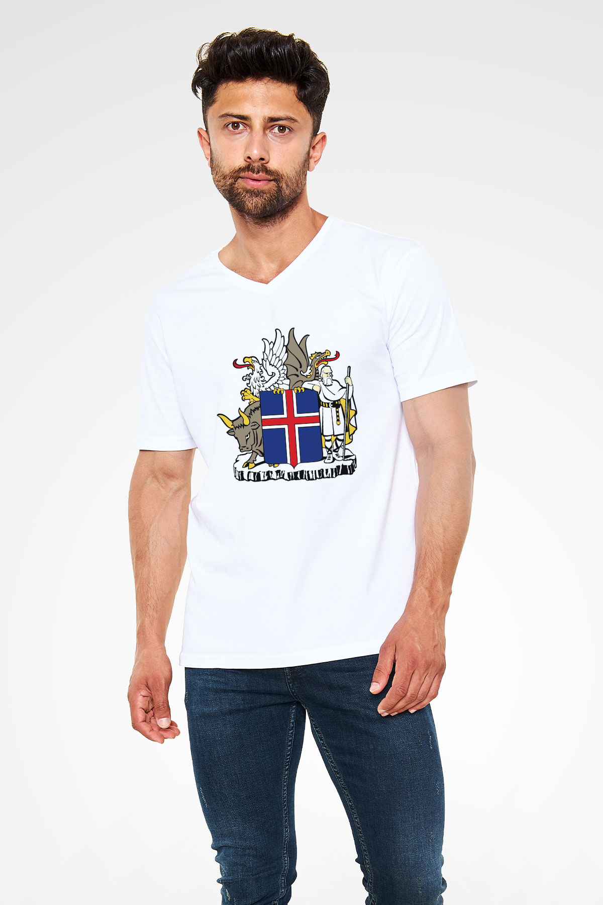 İzlanda Beyaz Unisex V Yaka Tişört T-Shirt