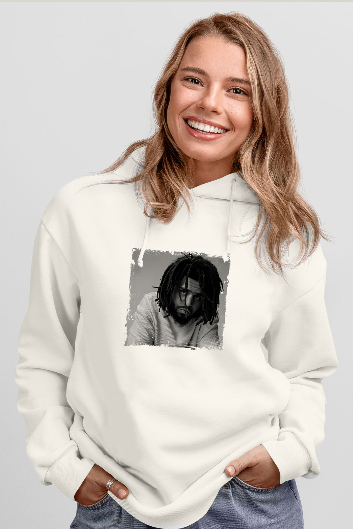 J. Cole Baskılı Unisex Beyaz Kapüşonlu Sweatshirt