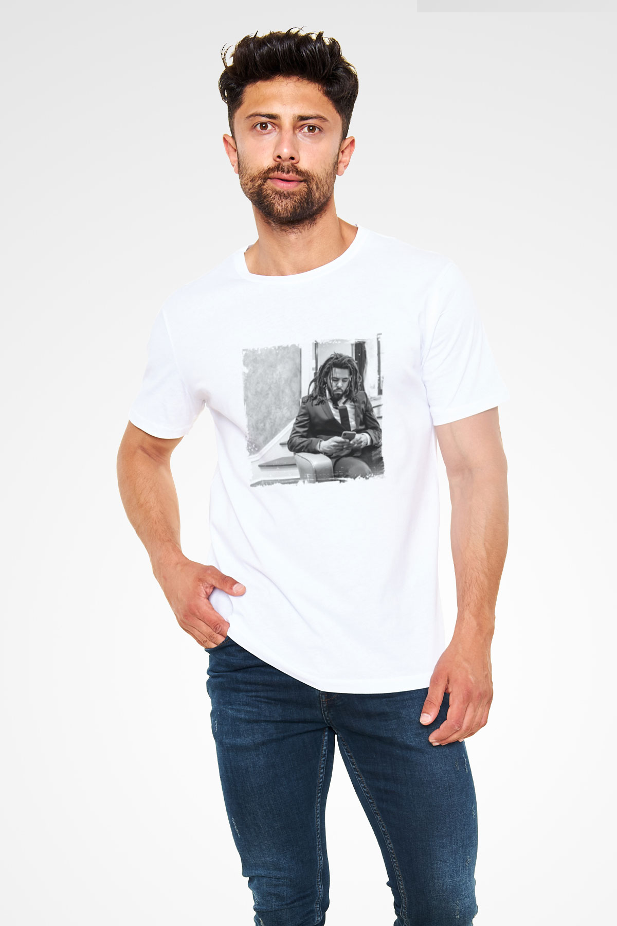 J. Cole Baskılı Unisex Beyaz Tişört