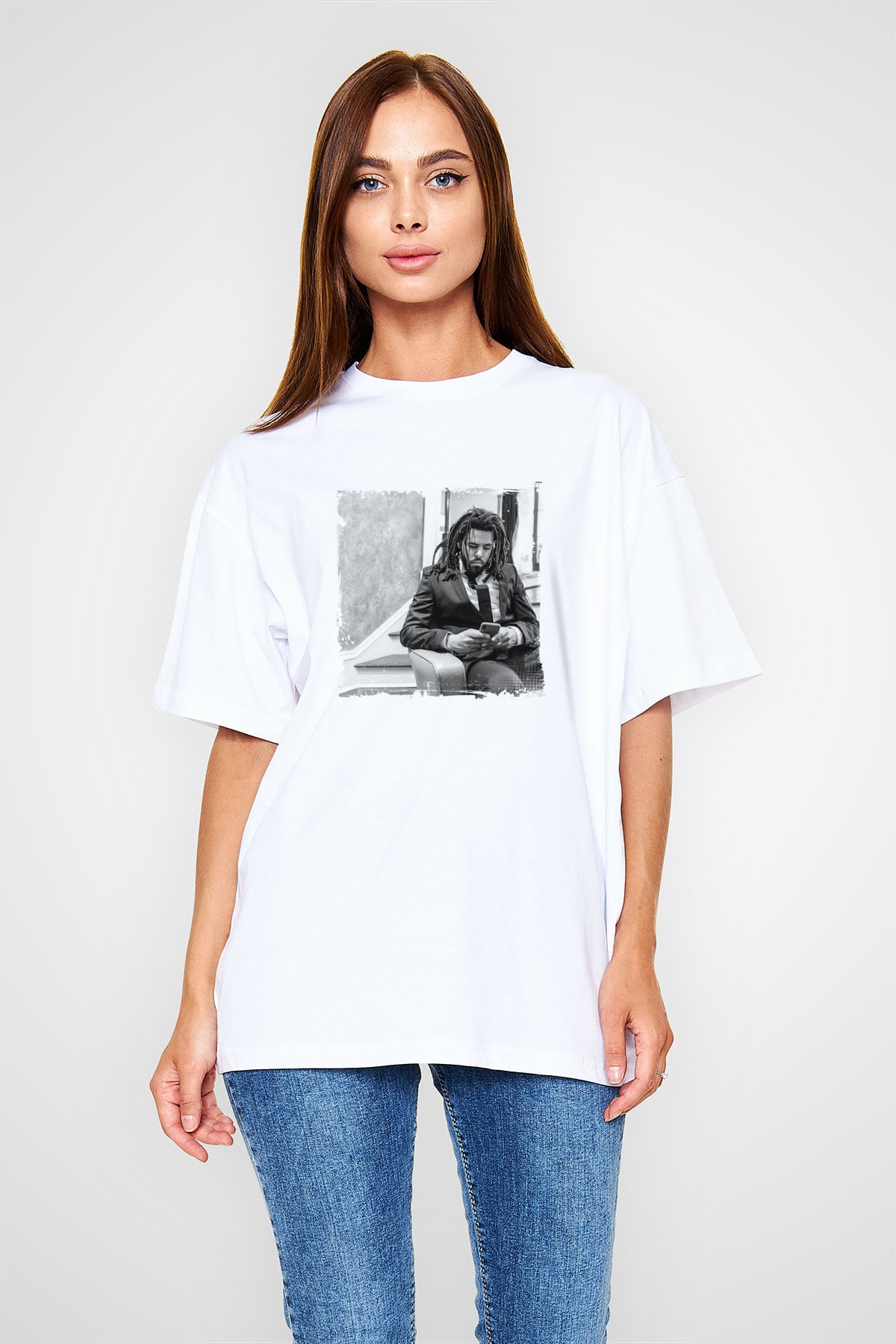 J. Cole Baskılı Oversize Beyaz Tişört