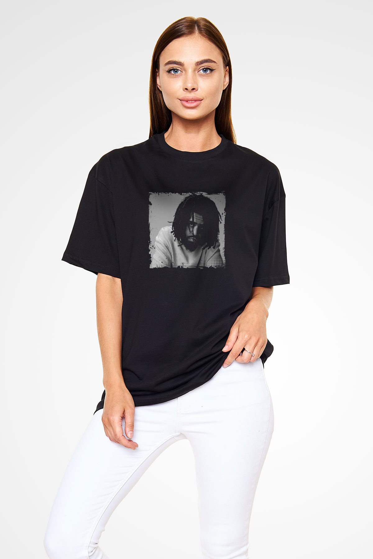 J. Cole Baskılı Unisex Oversize Siyah Tişört