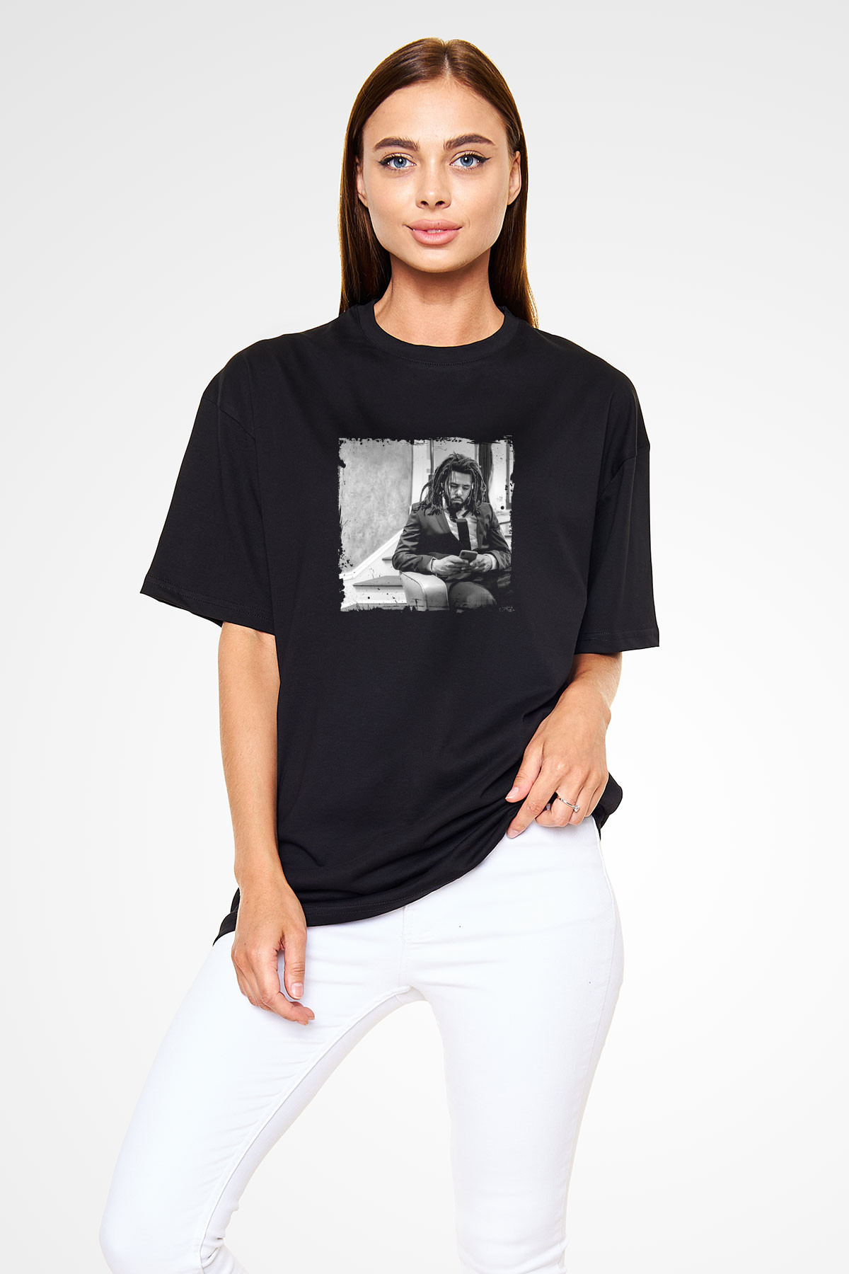 J. Cole Baskılı Unisex Oversize Siyah Tişört
