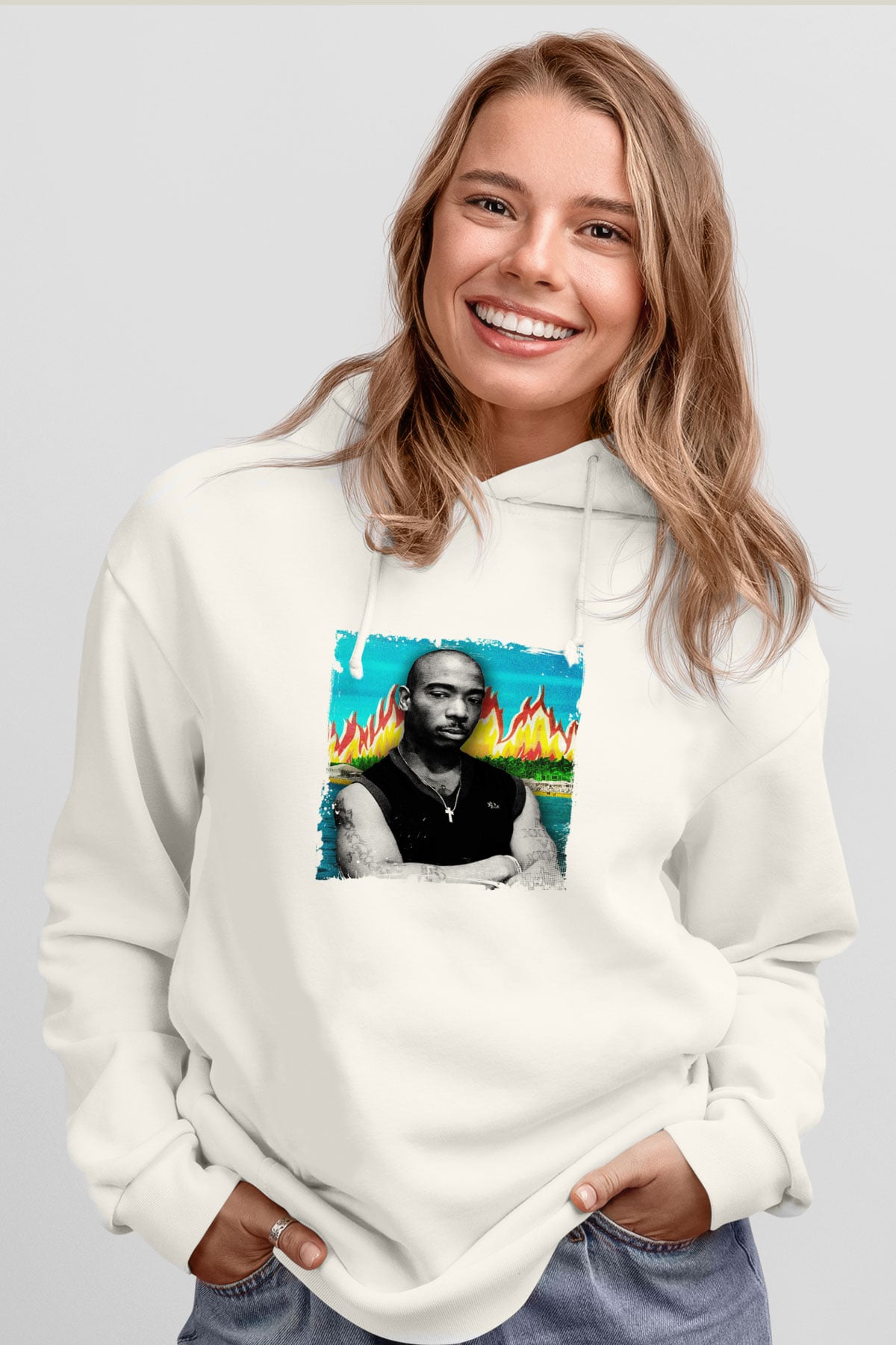 Ja Rule Baskılı Unisex Beyaz Kapüşonlu Sweatshirt
