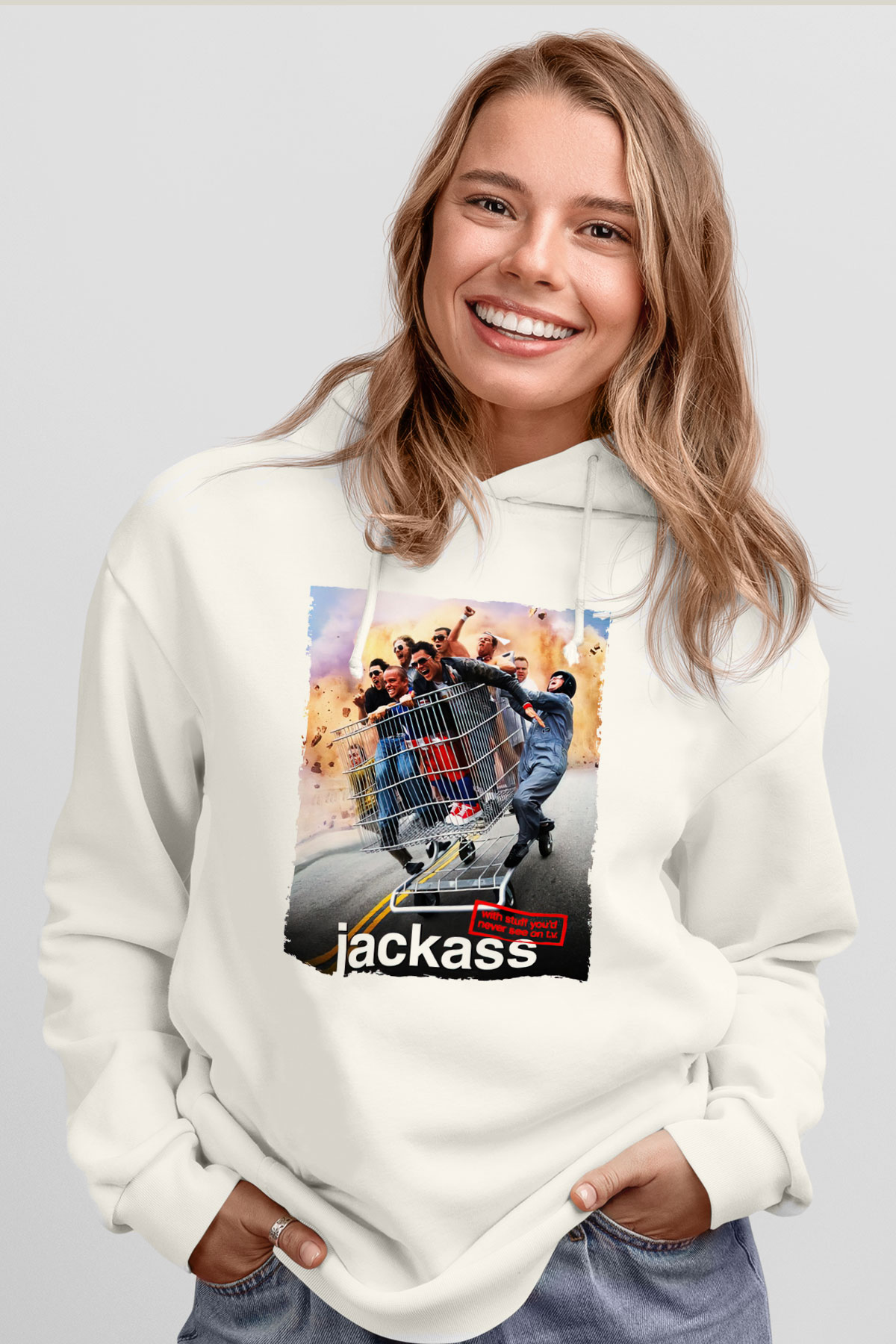 Jackass Beyaz Unisex Kapşonlu Sweatshirt