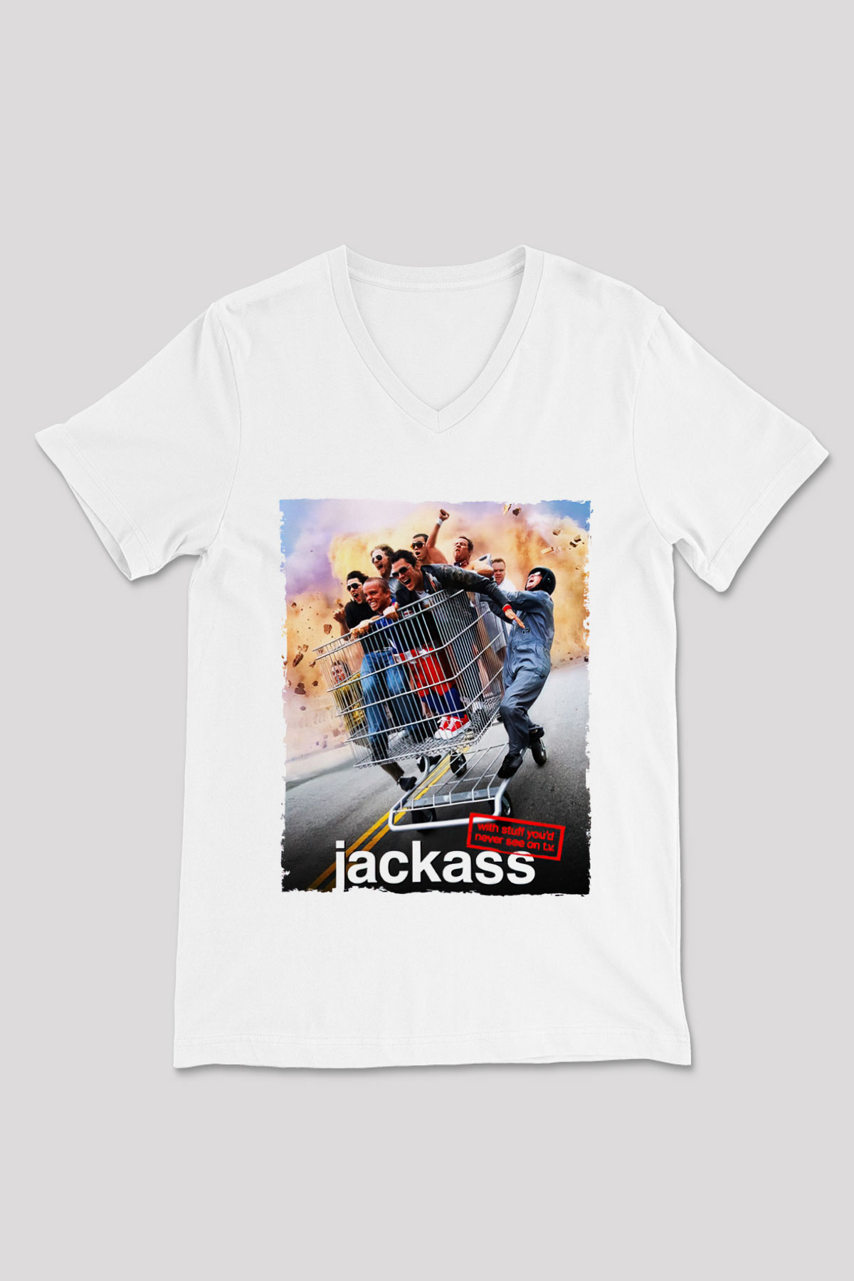 Jackass Beyaz Unisex V Yaka Tişört T-Shirt