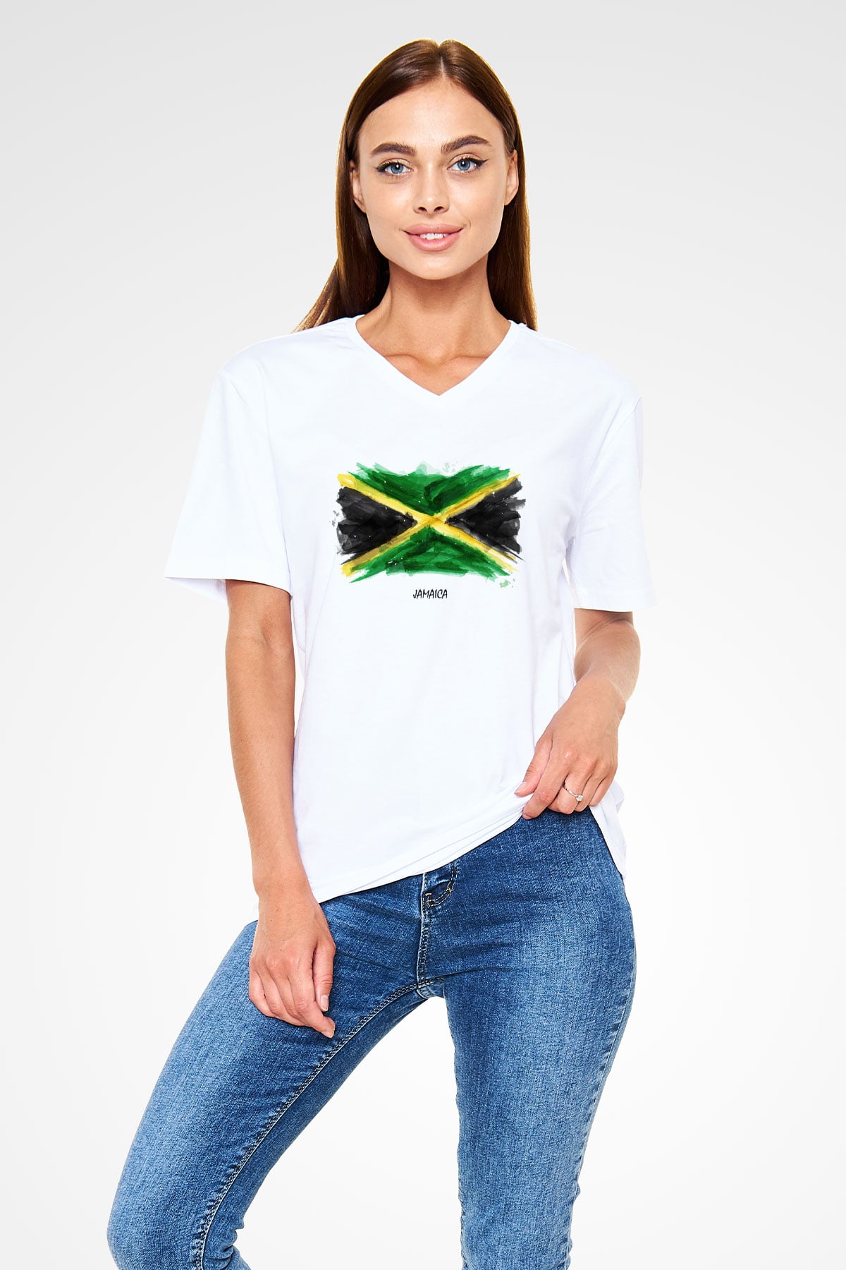 Jamaika Beyaz Unisex V Yaka Tişört T-Shirt