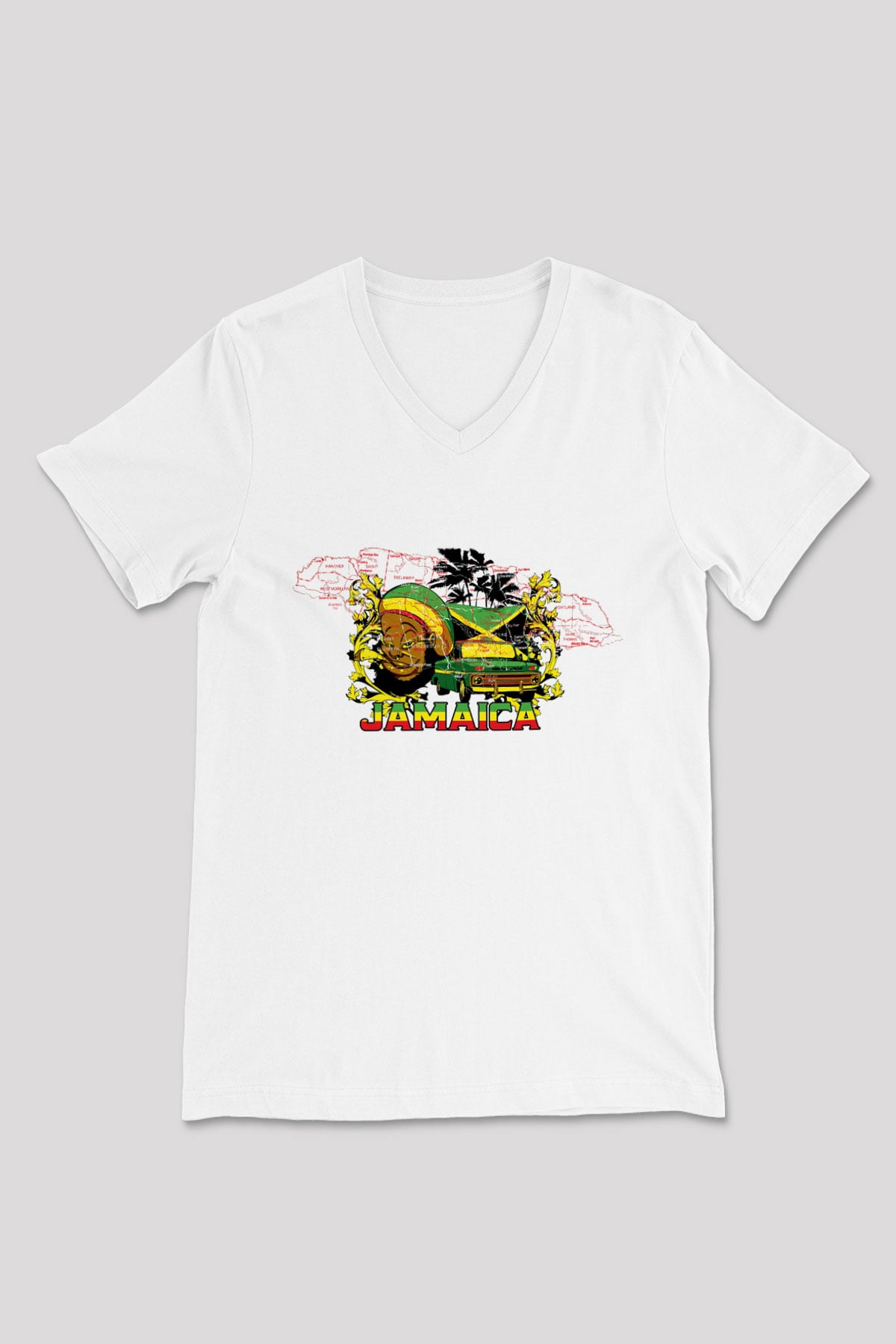 Jamaika Beyaz Unisex V Yaka Tişört T-Shirt