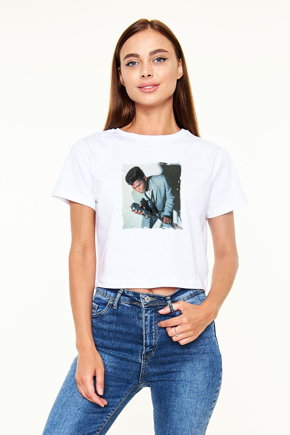 James Brown Baskılı Beyaz Kadın Crop Top Tişört