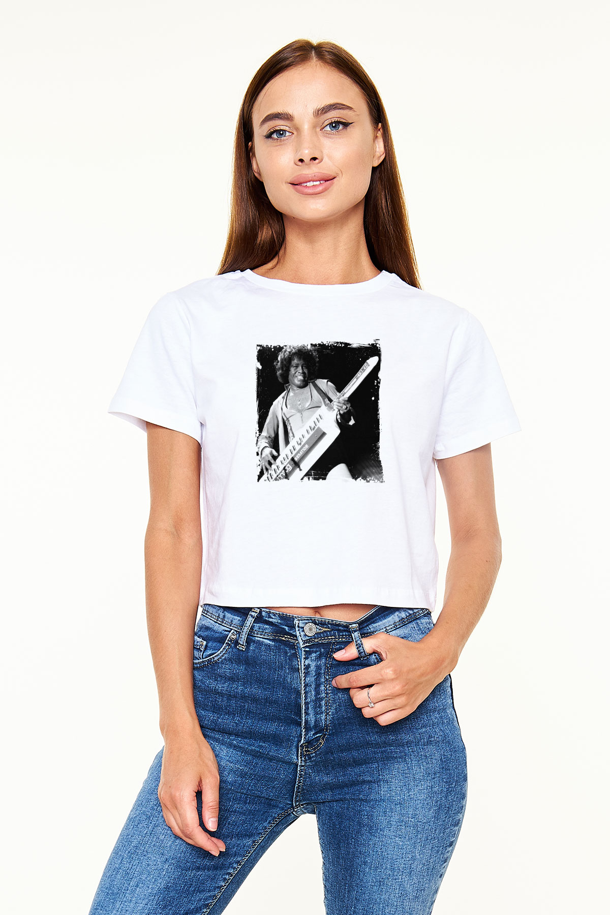 James Brown Baskılı Beyaz Kadın Crop Top Tişört