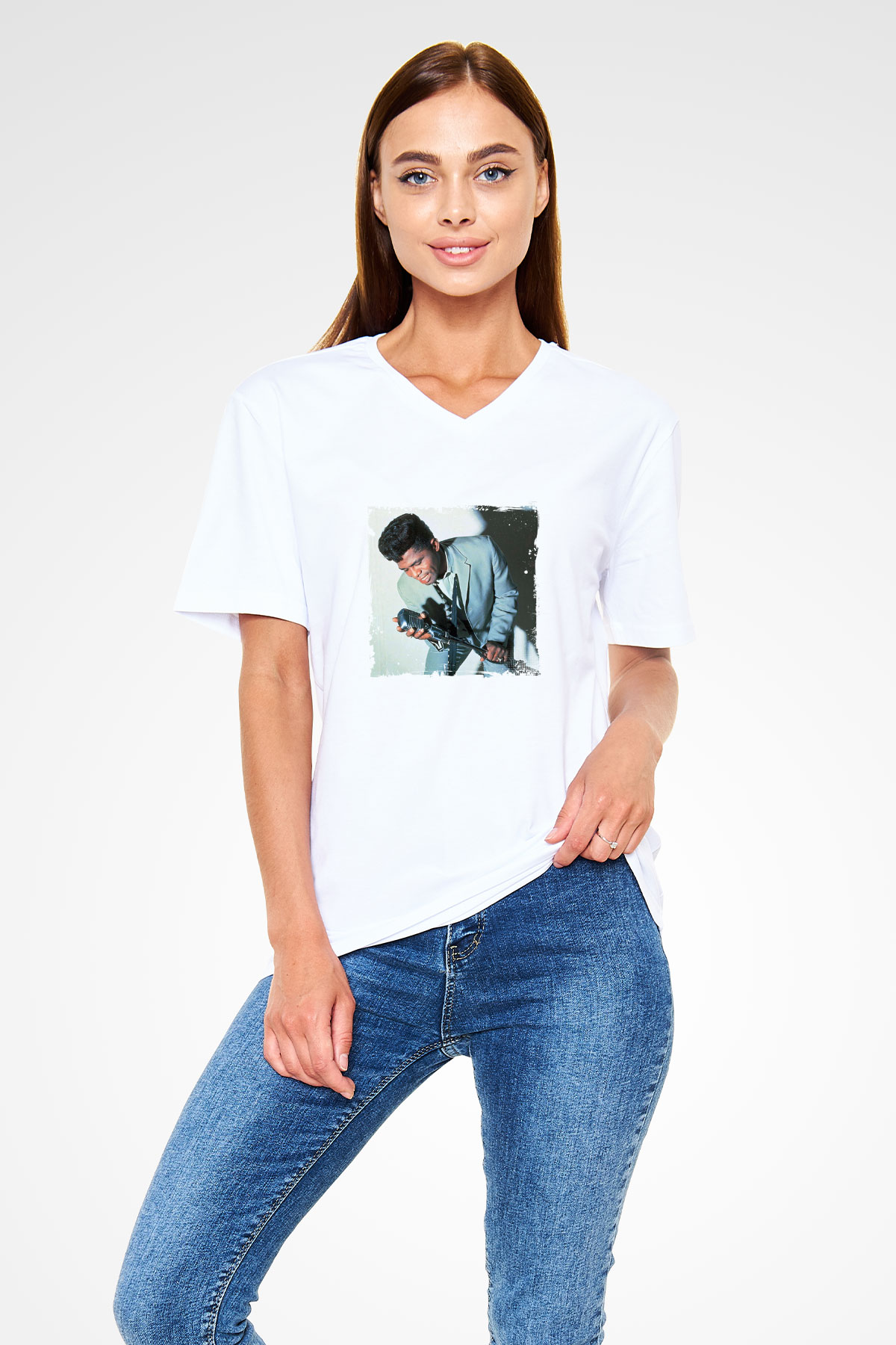 James Brown Baskılı Beyaz V Yaka Unisex Tişört