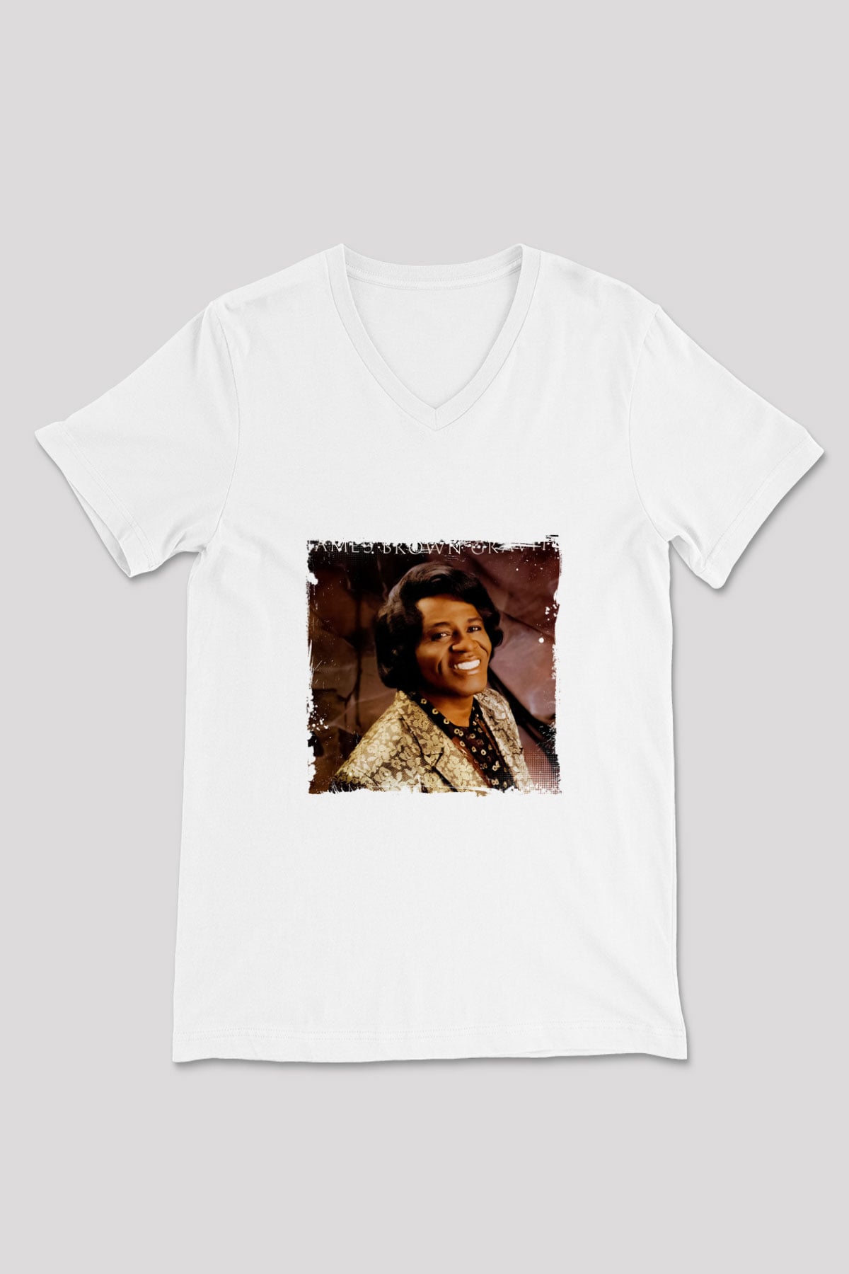 James Brown Baskılı Beyaz V Yaka Unisex Tişört