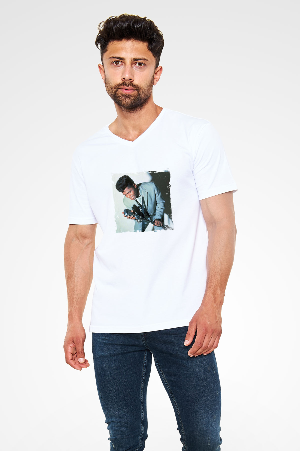 James Brown Baskılı Beyaz V Yaka Unisex Tişört